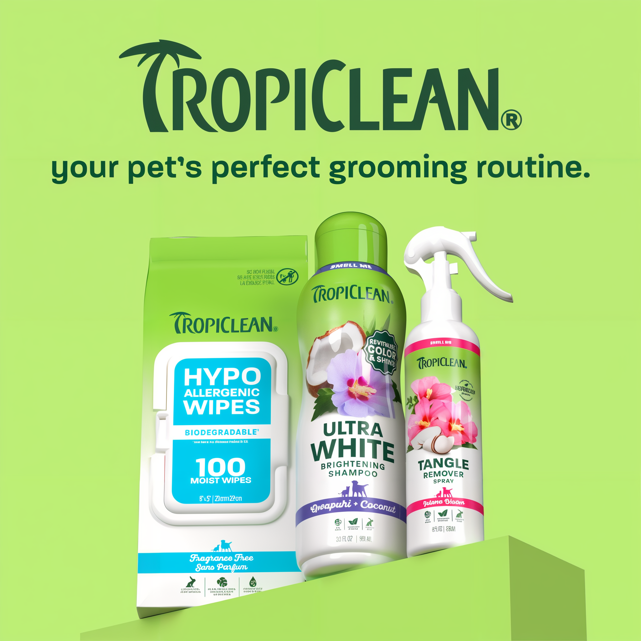 TropiClean line up on light green background.
