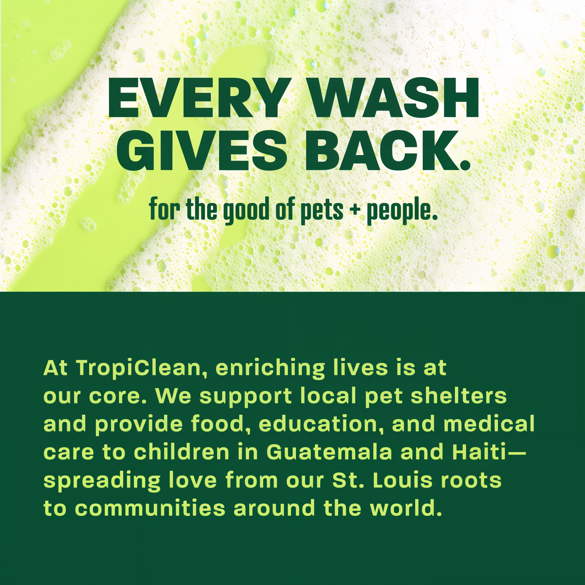 TropiClean text about giving back to pets and people, featuring a green and white color scheme.