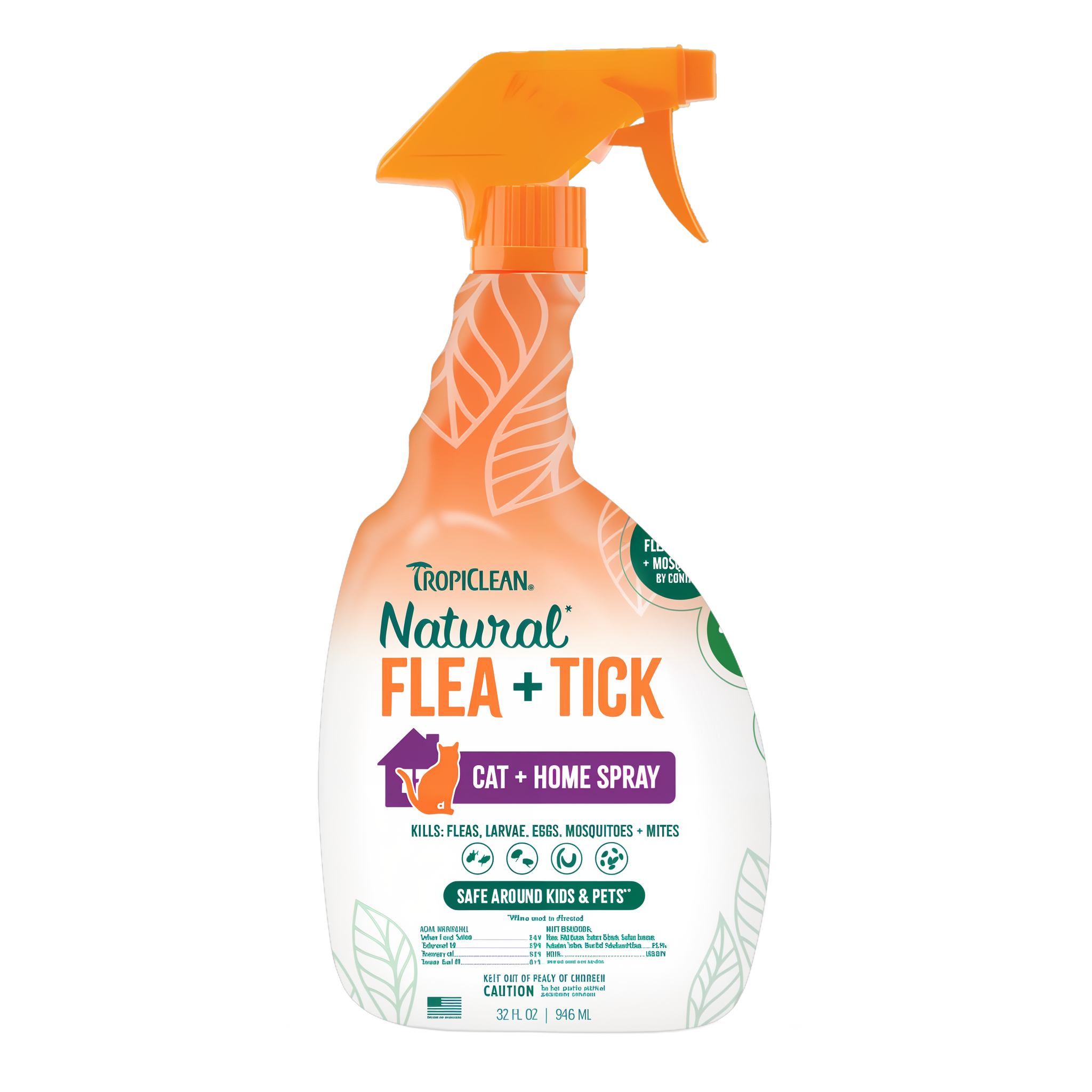 Tropiclean Natural Flea + Tick Cat + Home spray bottle on a white background