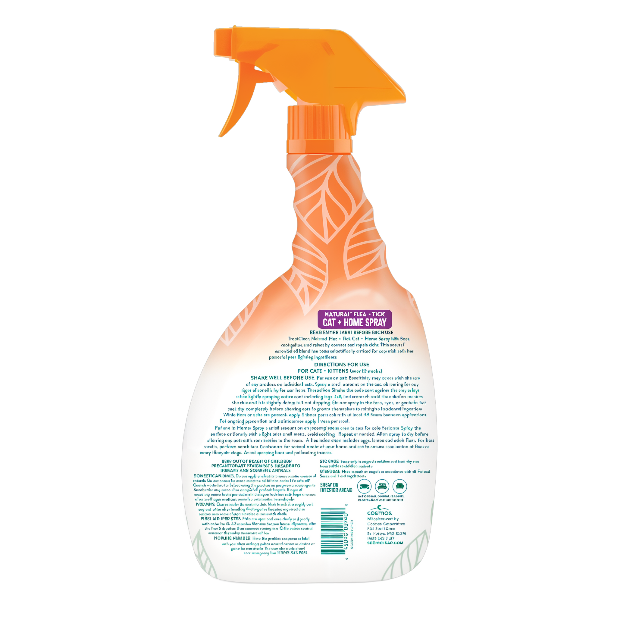 Natural Flea + Tick Cat + Home spray, back of the bottle on a white background