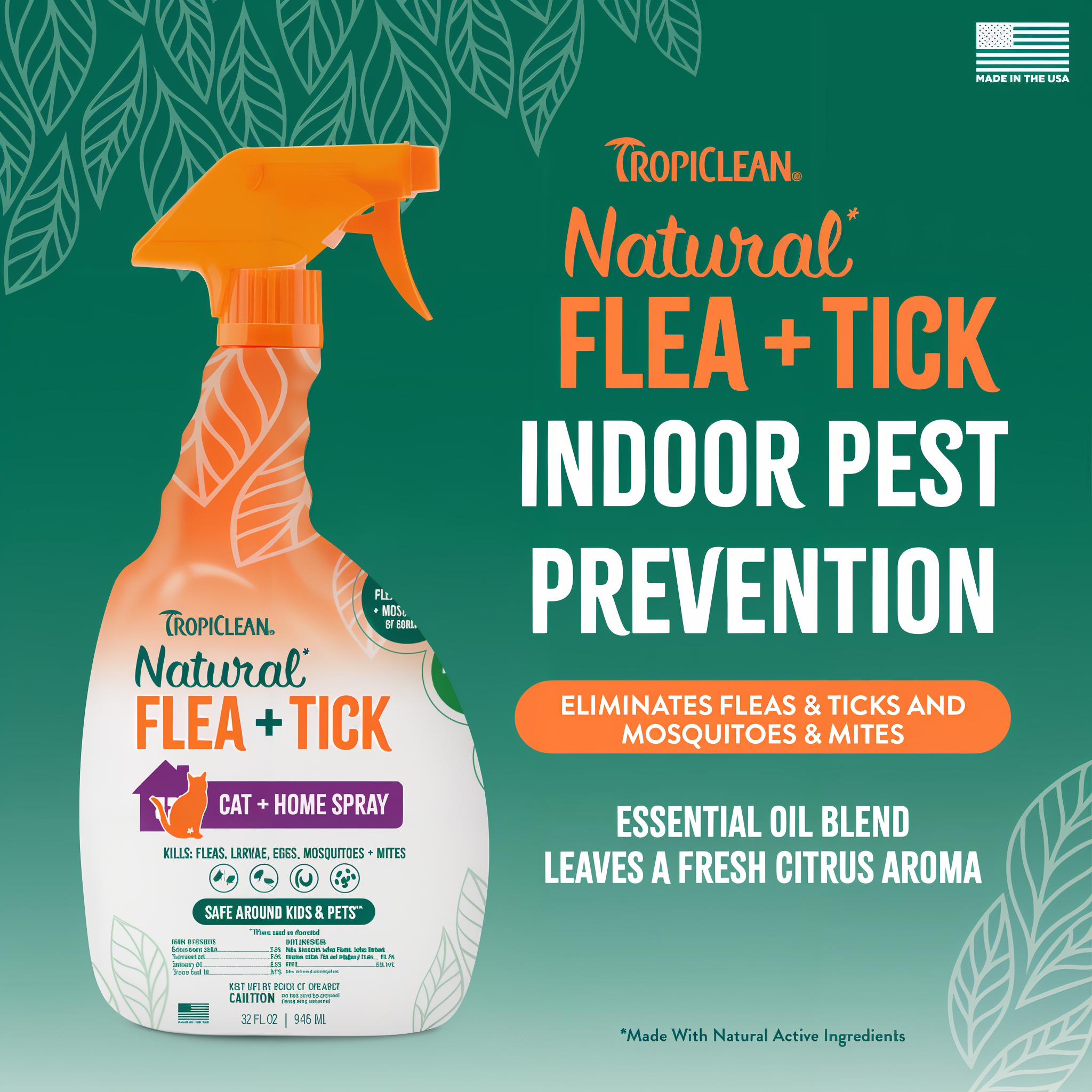 Tropiclean Natural Flea + Tick indoor pest prevention spray bottle on a green background with text.
