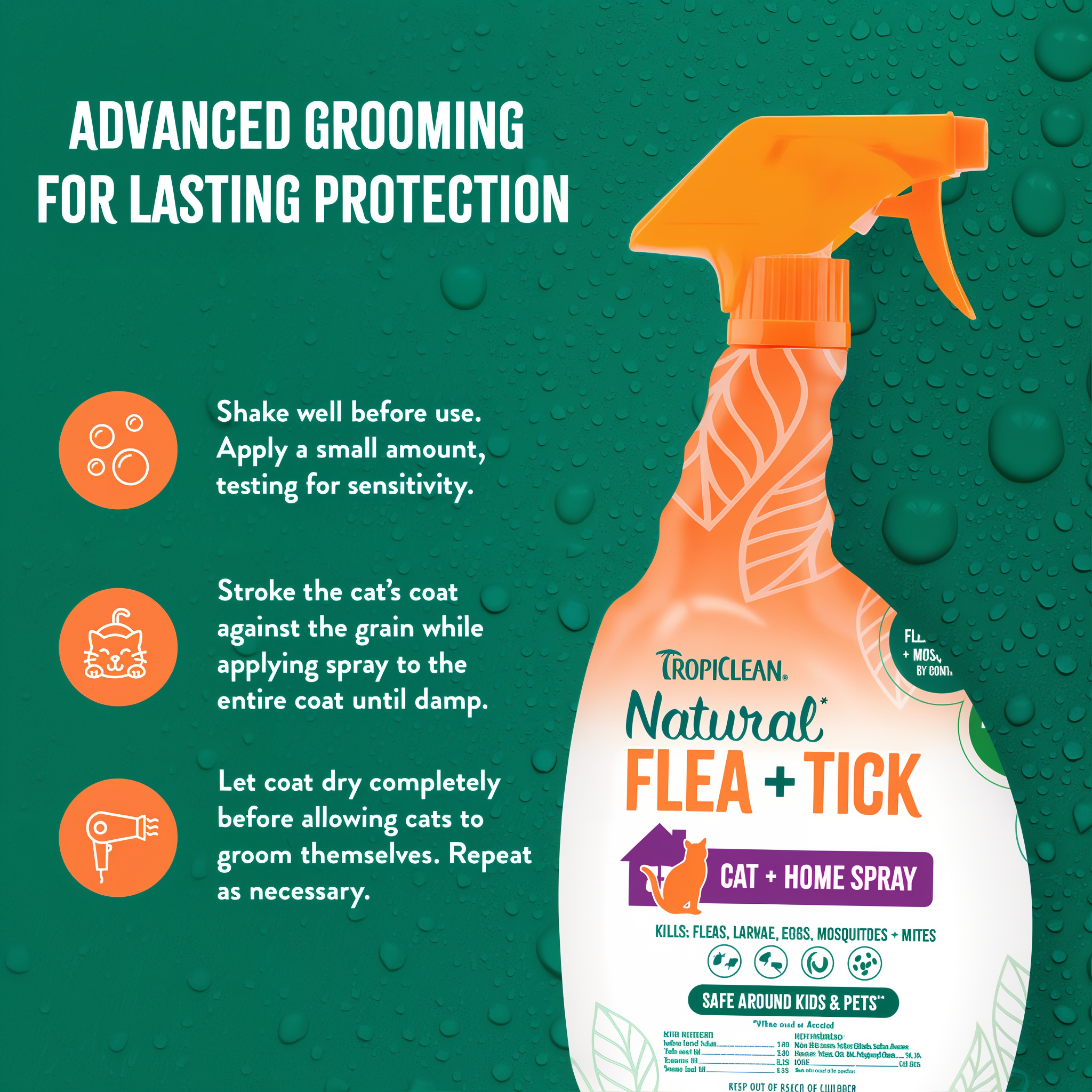 Tropiclean Natural Flea + Tick spray bottle with usage instructions on a green background