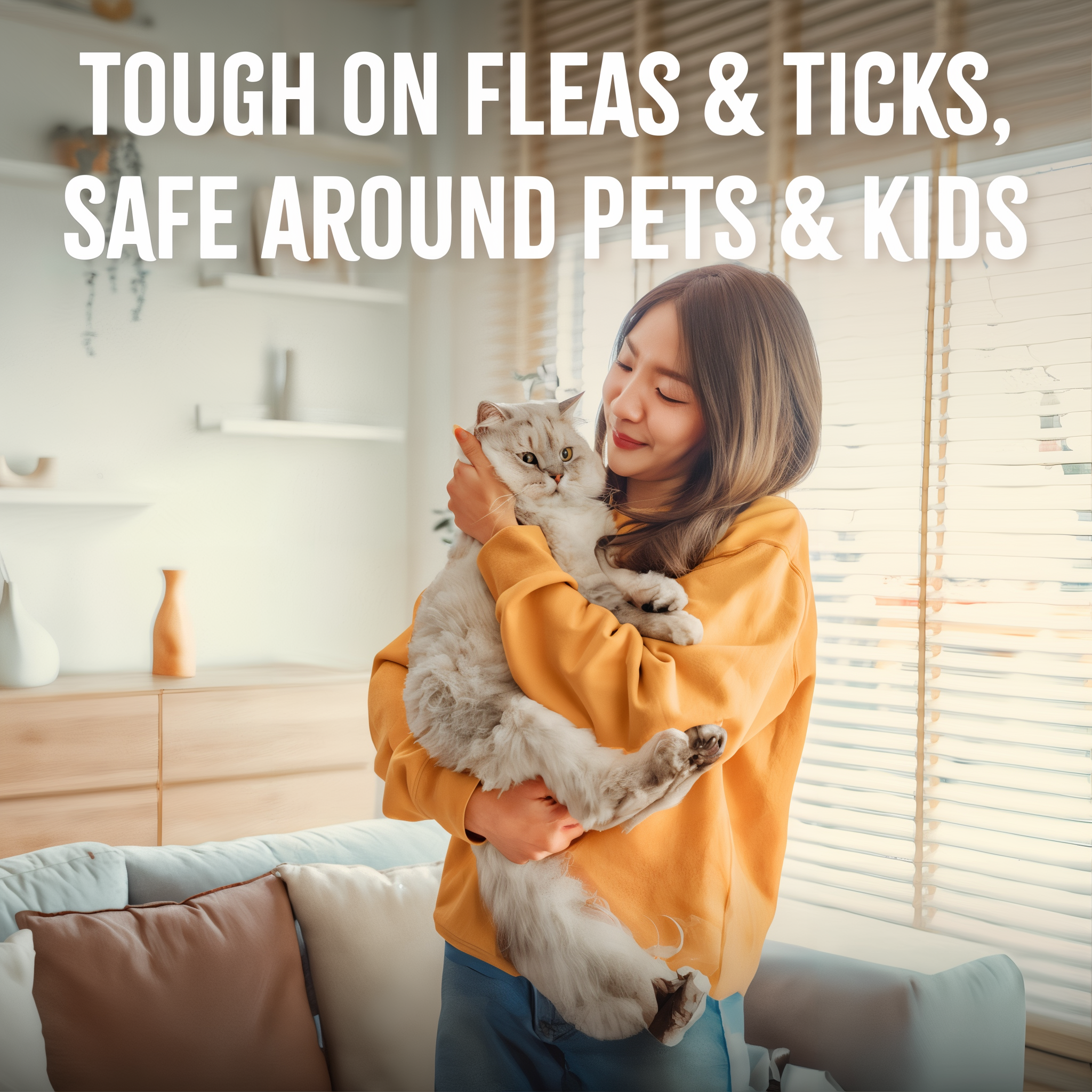 Woman holding a cat in a living room with text about product safety