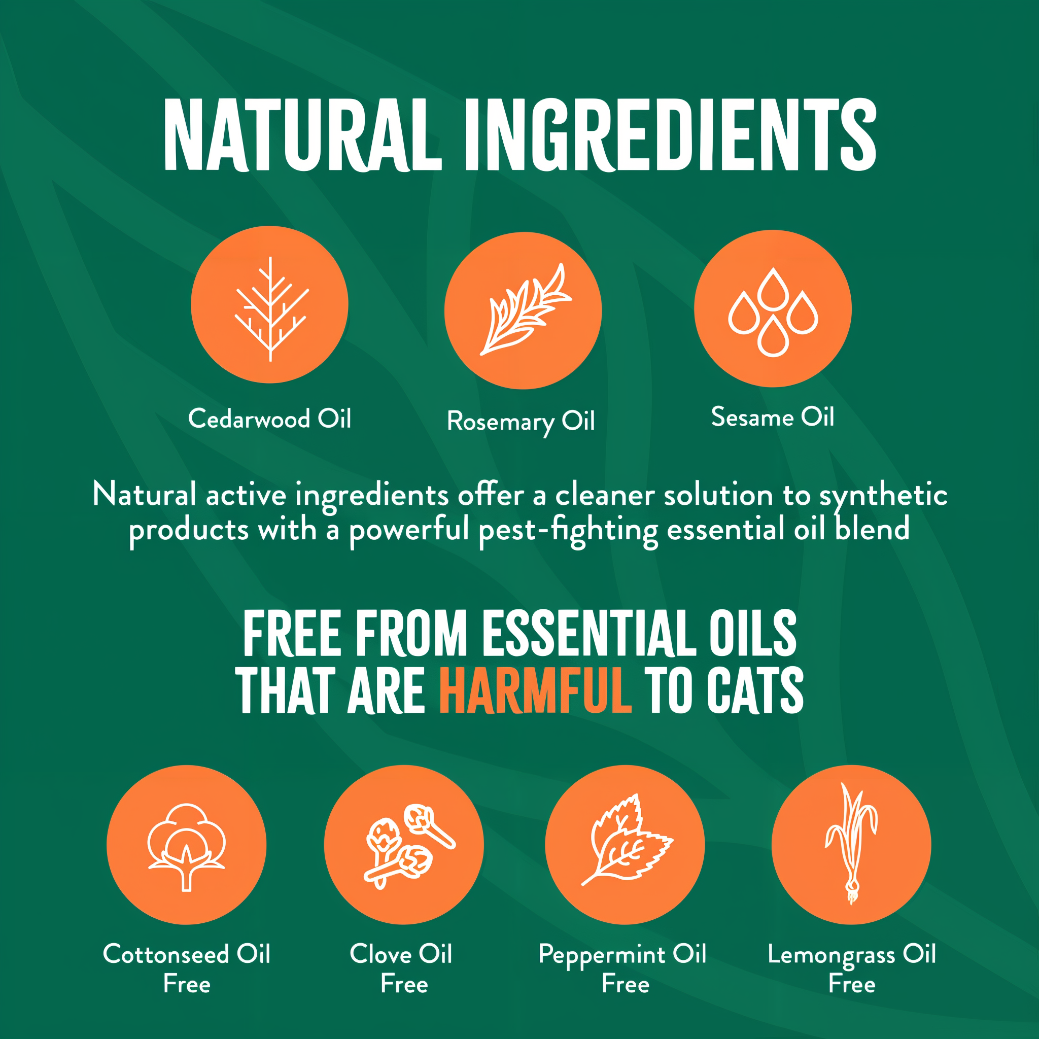 TropiClean Natural Flea + Tick Cat + Home Easy Mist Spray. Product label highlighting natural ingredients and their benefits on a green background