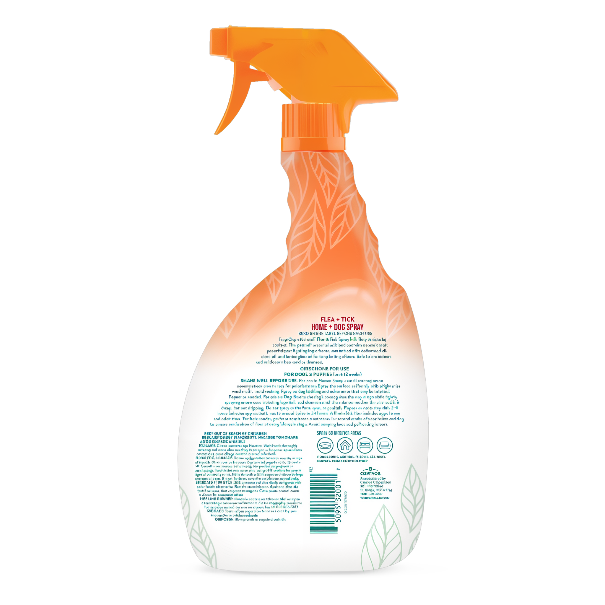 TropiClean Flea and Tick Pet & Bedding Spray for Dogs, back of 32oz spray bottle.
