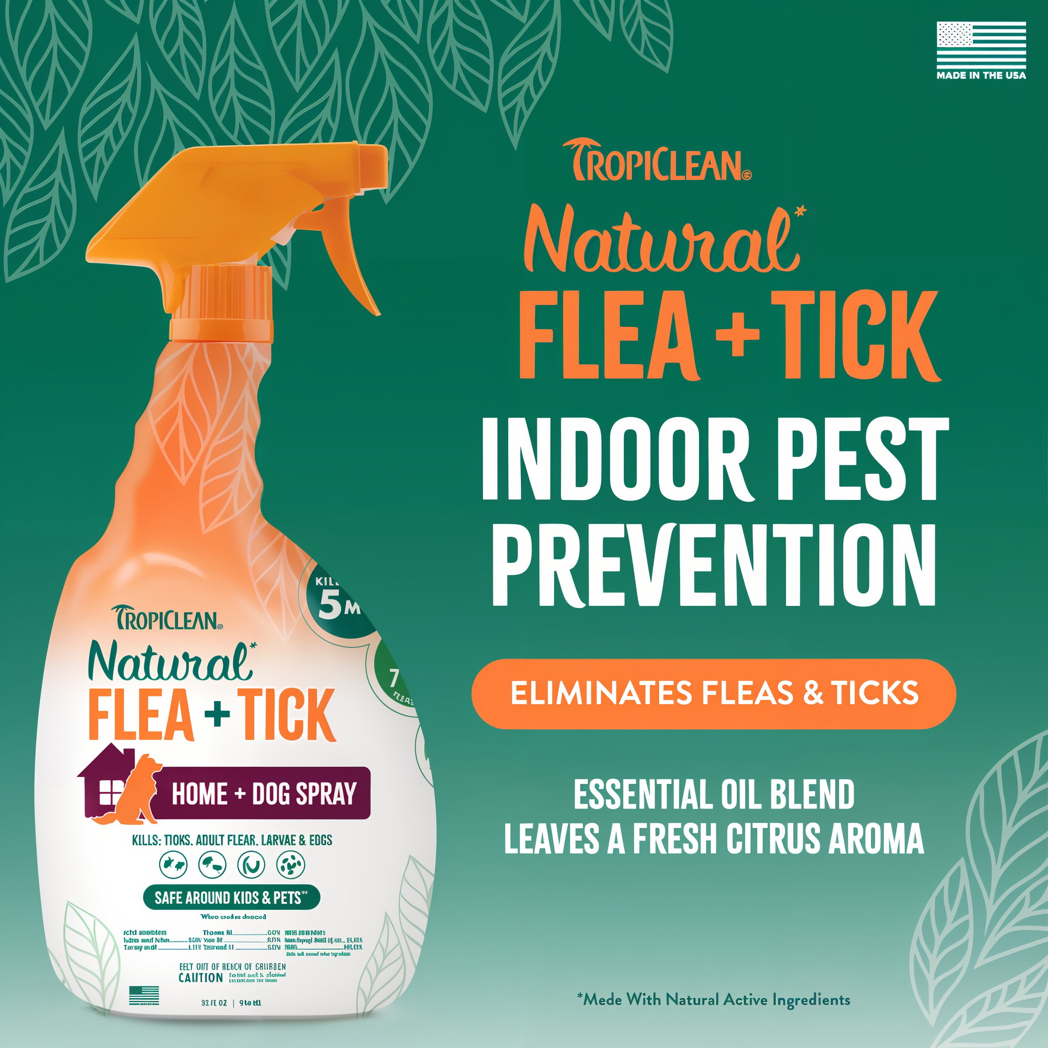 TropiClean Flea and Tick Pet & Bedding Spray for Dogs. Promotional graphic for natural ingredients with icons and text on a green background.