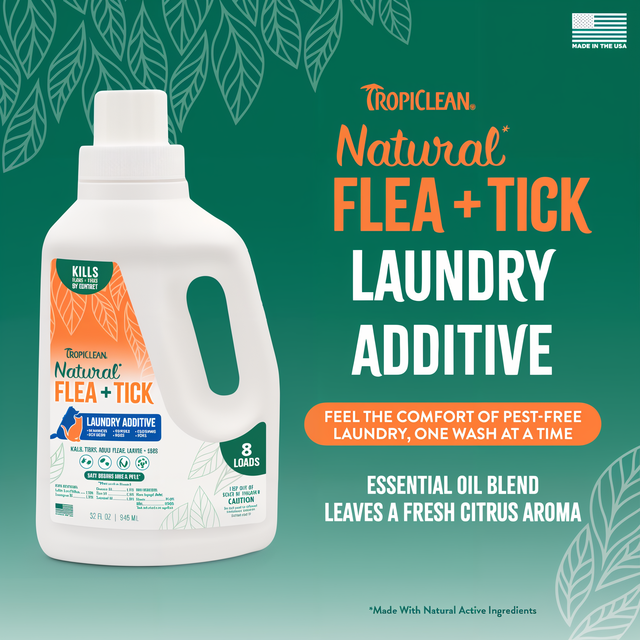 TropiClean Natural Flea + Tick Laundry Additive, bottle on a green background with text.