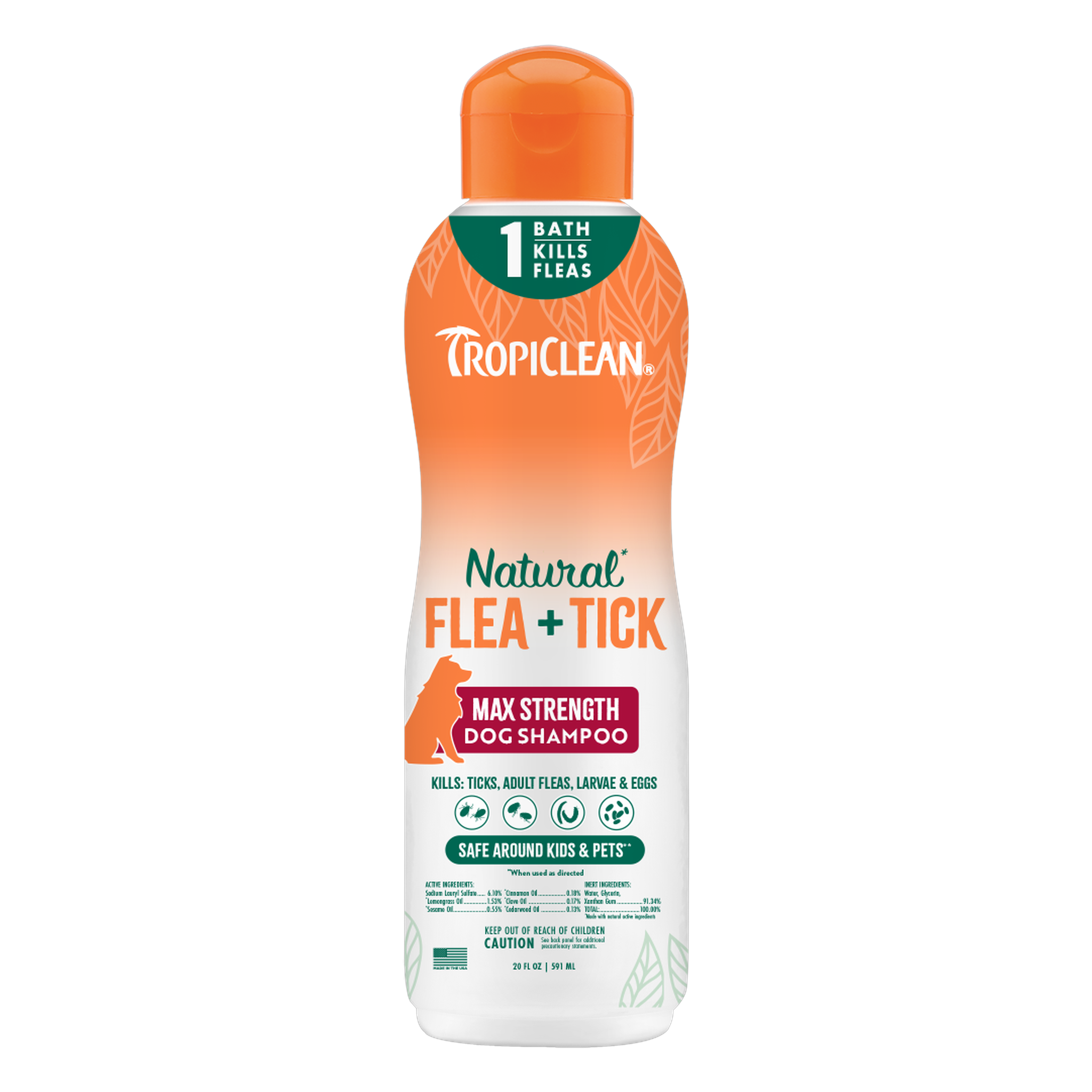 TropiClean Natural Flea + Tick Maximum Strength Shampoo for Dogs 20 fl oz bottle front