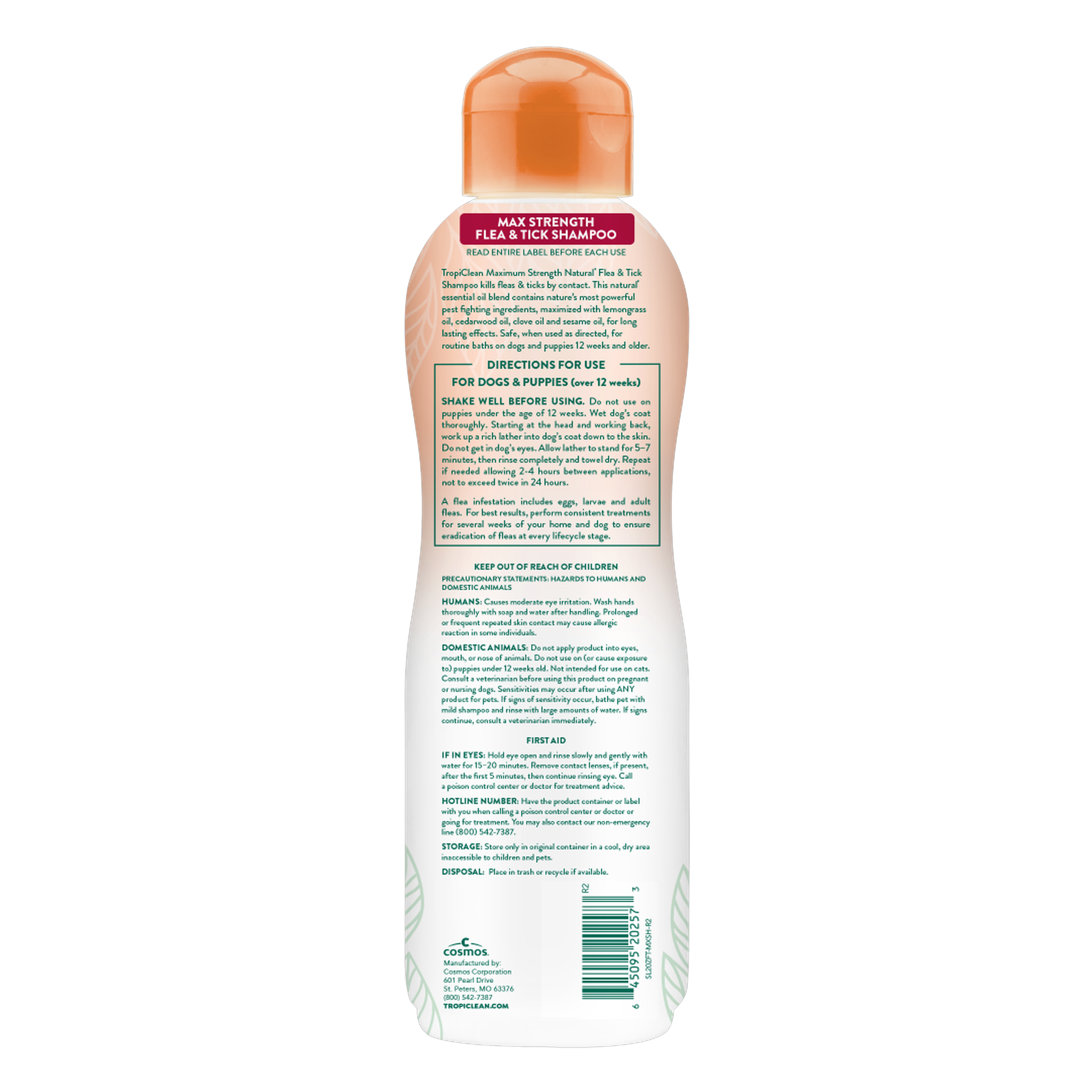TropiClean Natural Flea + Tick Maximum Strength Shampoo back label with directions and precautions