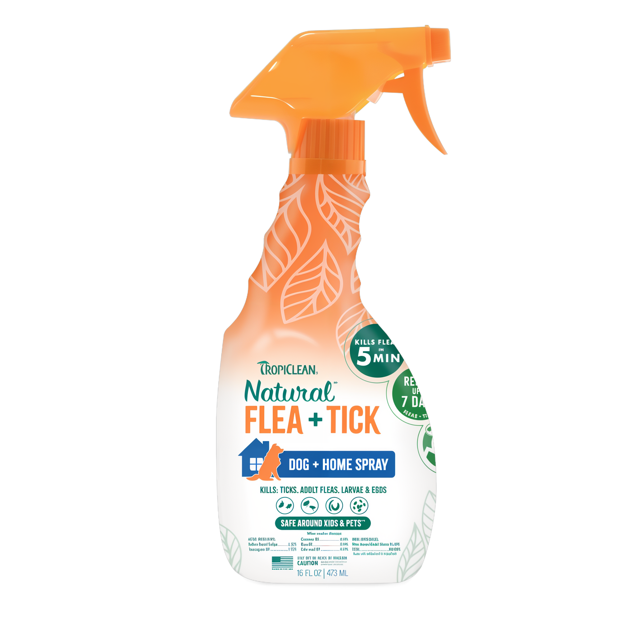 TropiClean Flea and Tick Pet & Bedding Spray for Dogs, front of 16oz spray bottle.