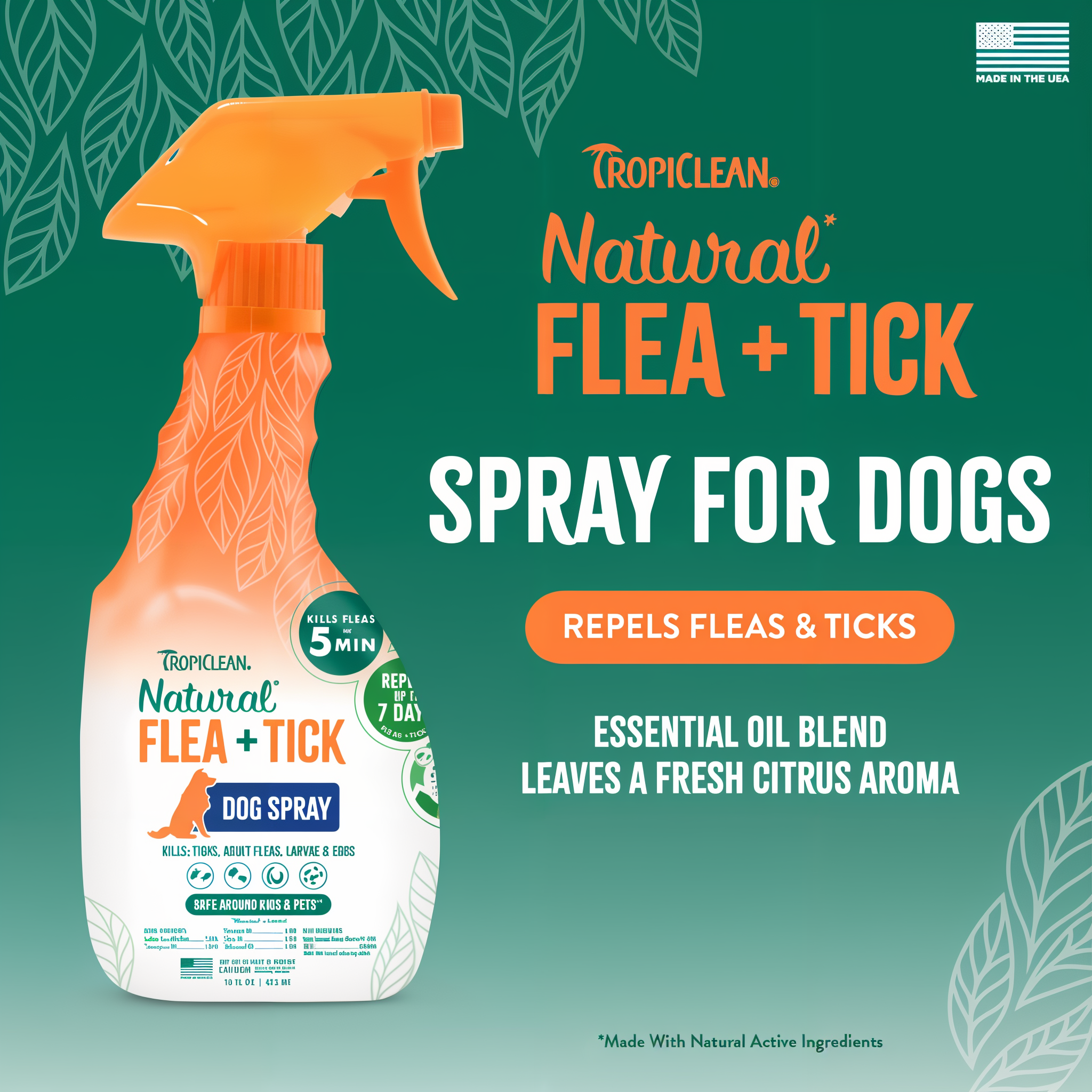 Tropiclean Natural Flea + Tick indoor pest prevention spray bottle on a green background with text.