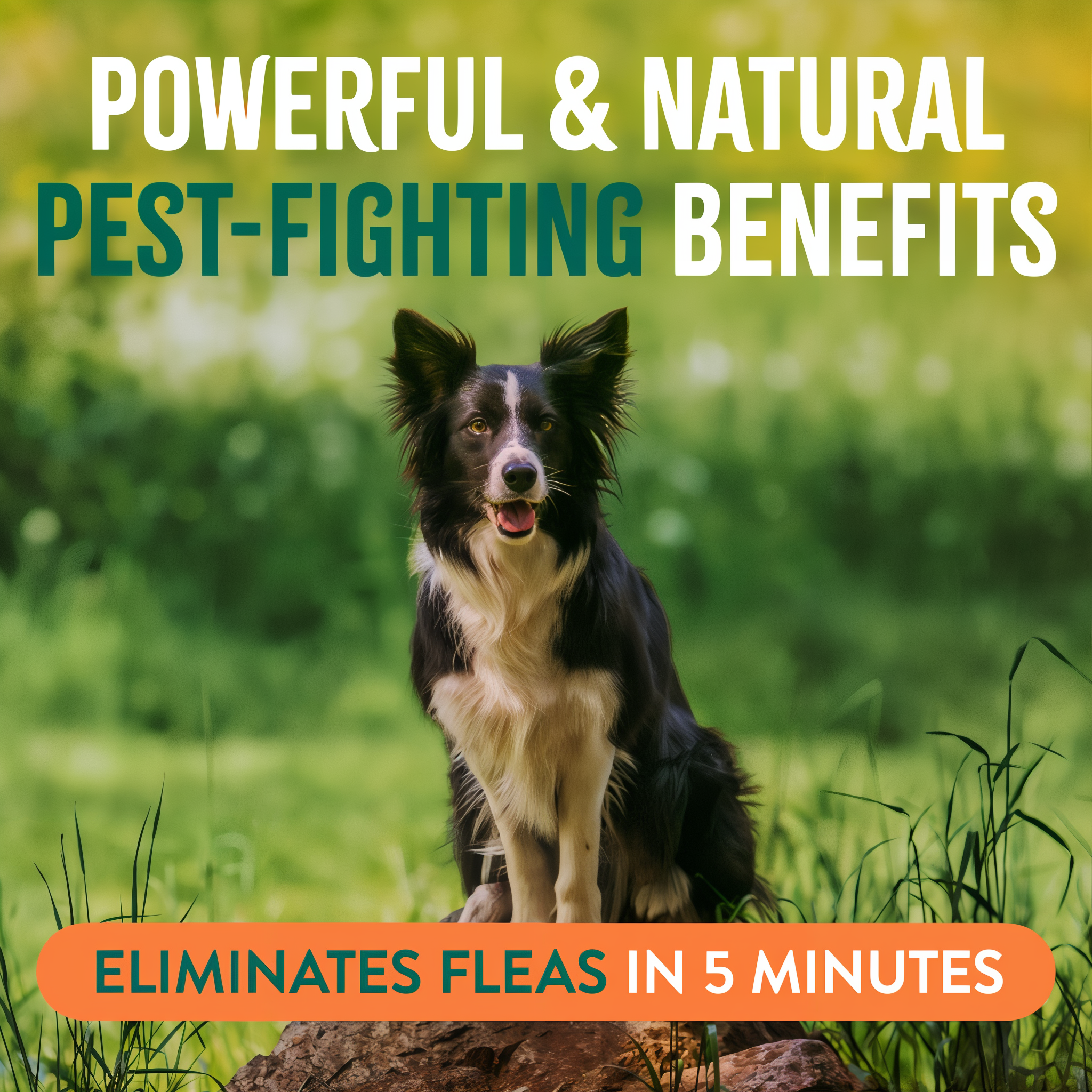 TropiClean Flea and Tick Pet & Bedding Spray for Dogs. Dog sitting on a log in a grassy field with text about pest-fighting benefits and flea elimination.