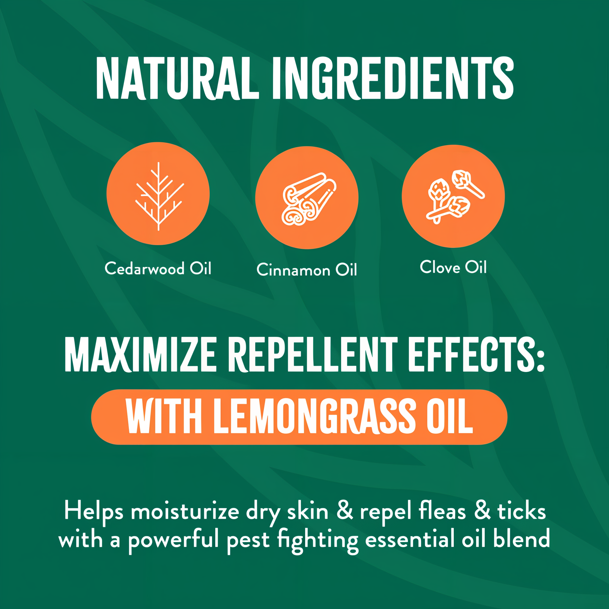 TropiClean Flea and Tick Pet & Bedding Spray for Dogs. Graphic highlighting natural ingredients for a repellent product with text and icons on a green background.