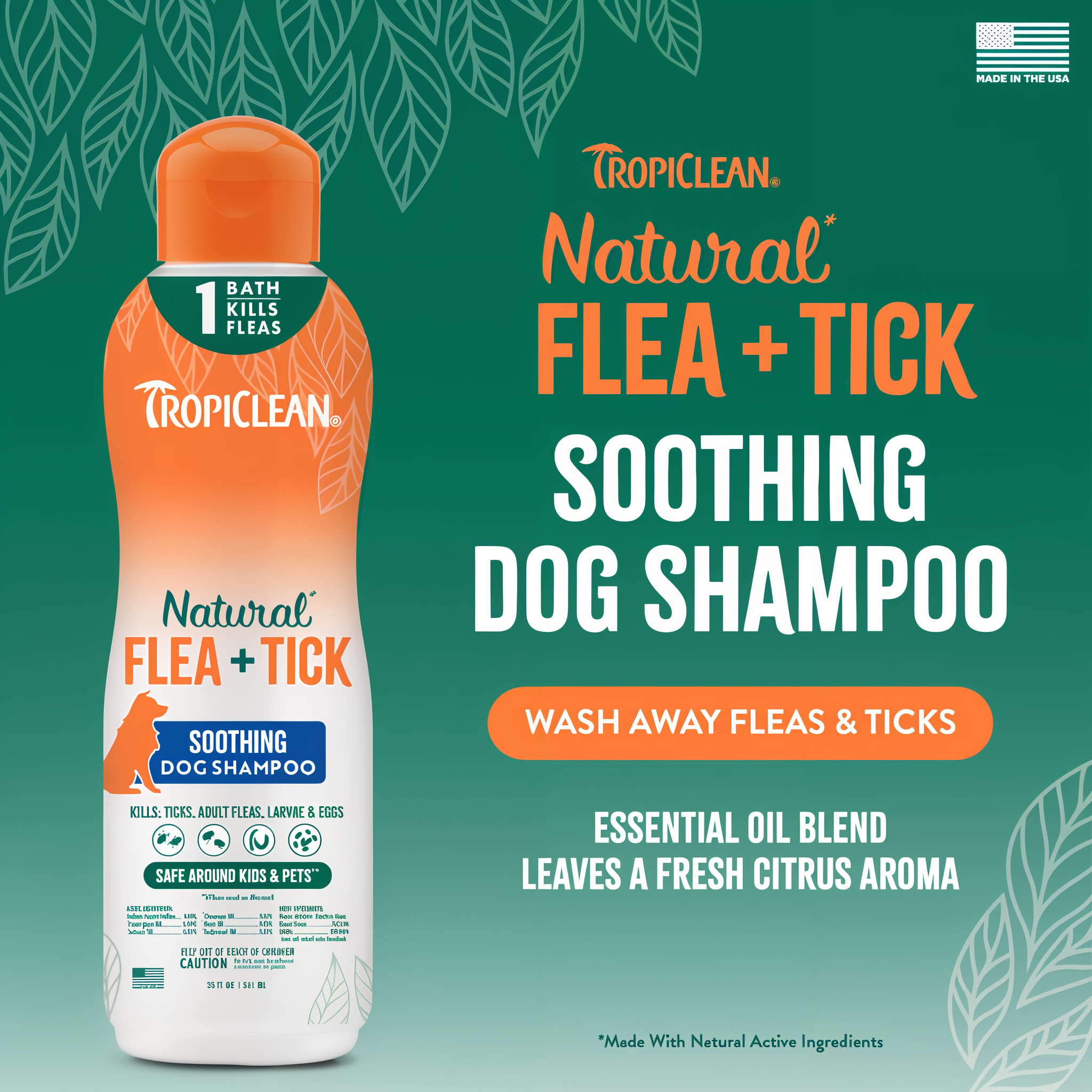Tropiclean Natural Flea + Tick soothing dog shampoo, bottle on a green background with text.