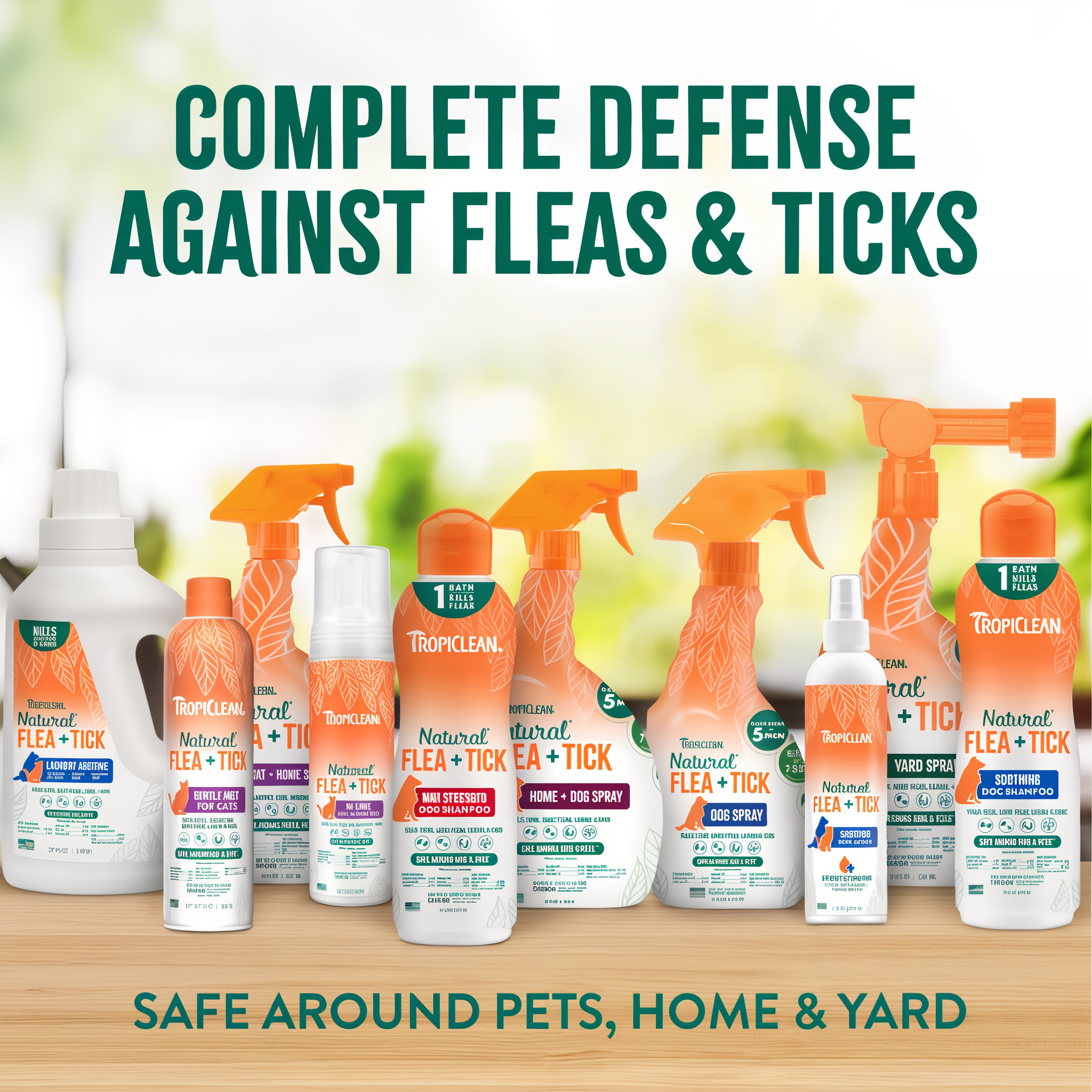 Collection of Tropiclean flea and tick treatment products on a wooden surface.