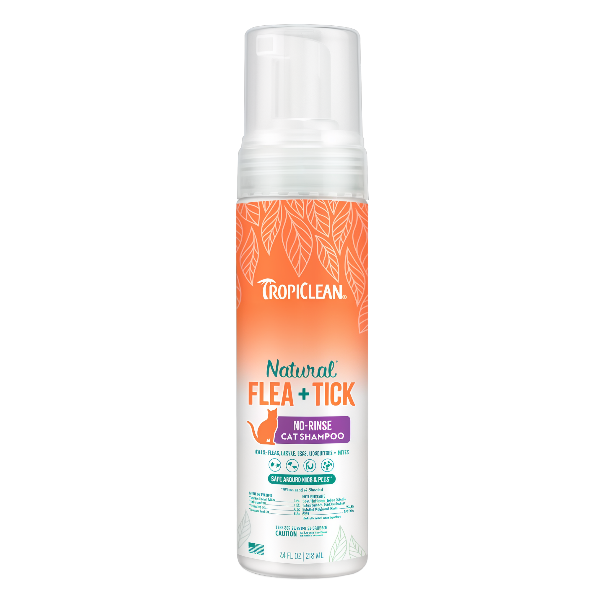 TropiClean Natural Flea + Tick Waterless Shampoo for Cats, image of front of bottle
