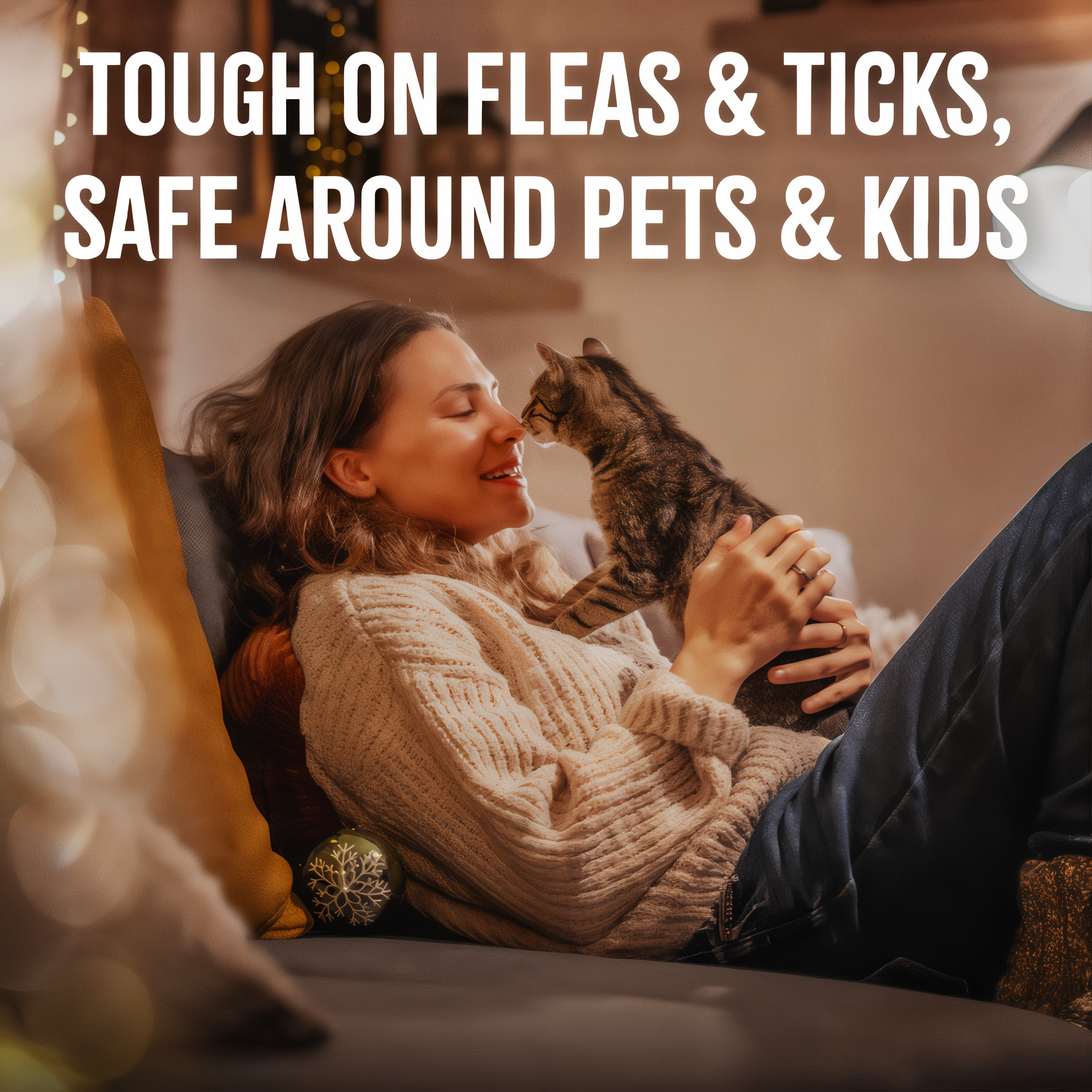 Woman holding a cat on a couch with text about TropiClean Natural Flea + Tick Waterless Shampoo for Cats product features