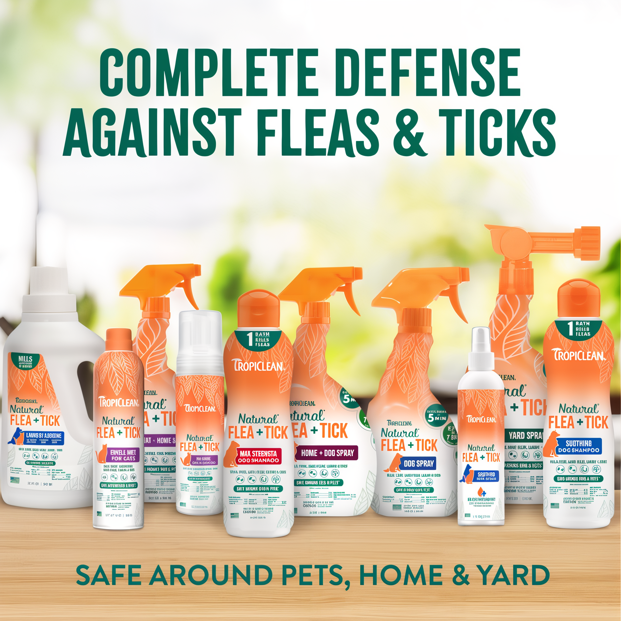 Collection of Tropiclean flea and tick treatment products on a wooden surface.