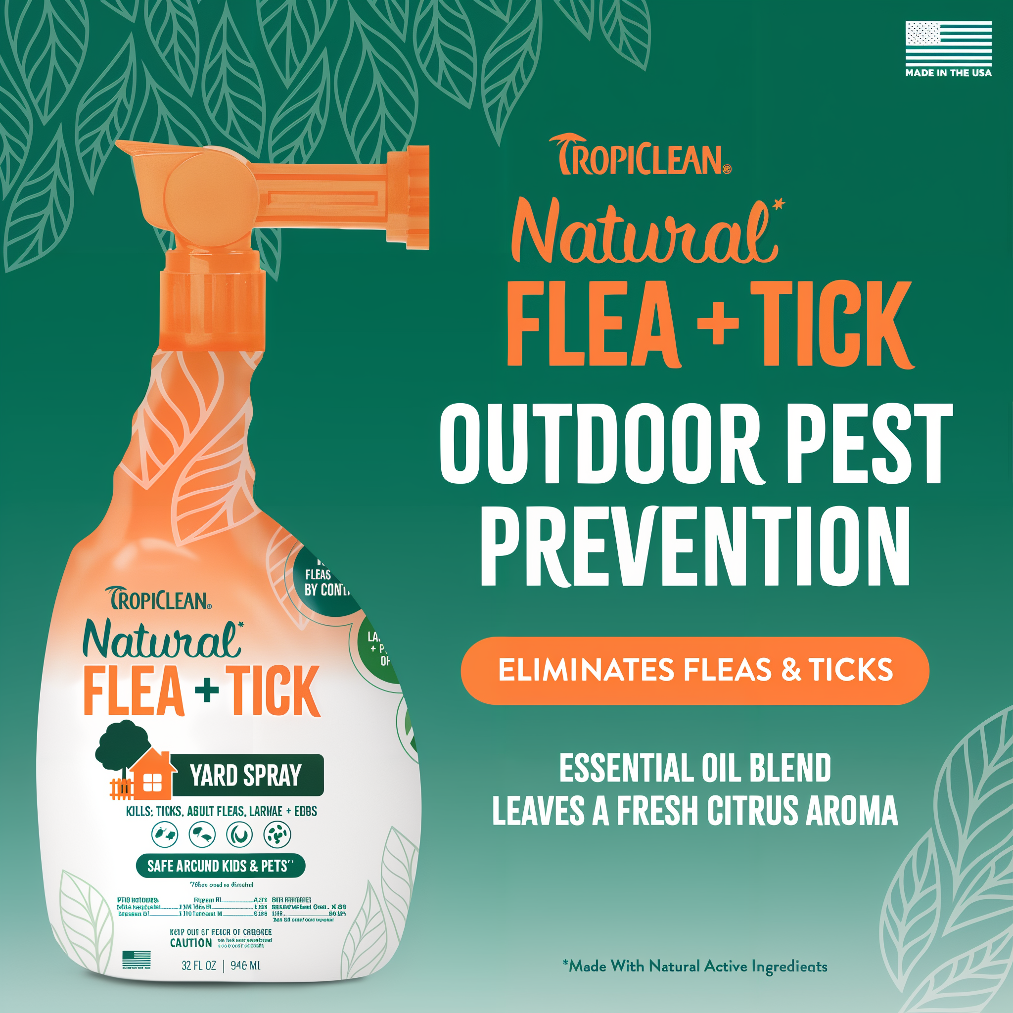 TropiClean Natural Flea + Tick outdoor pest prevention spray bottle on a green background with text.