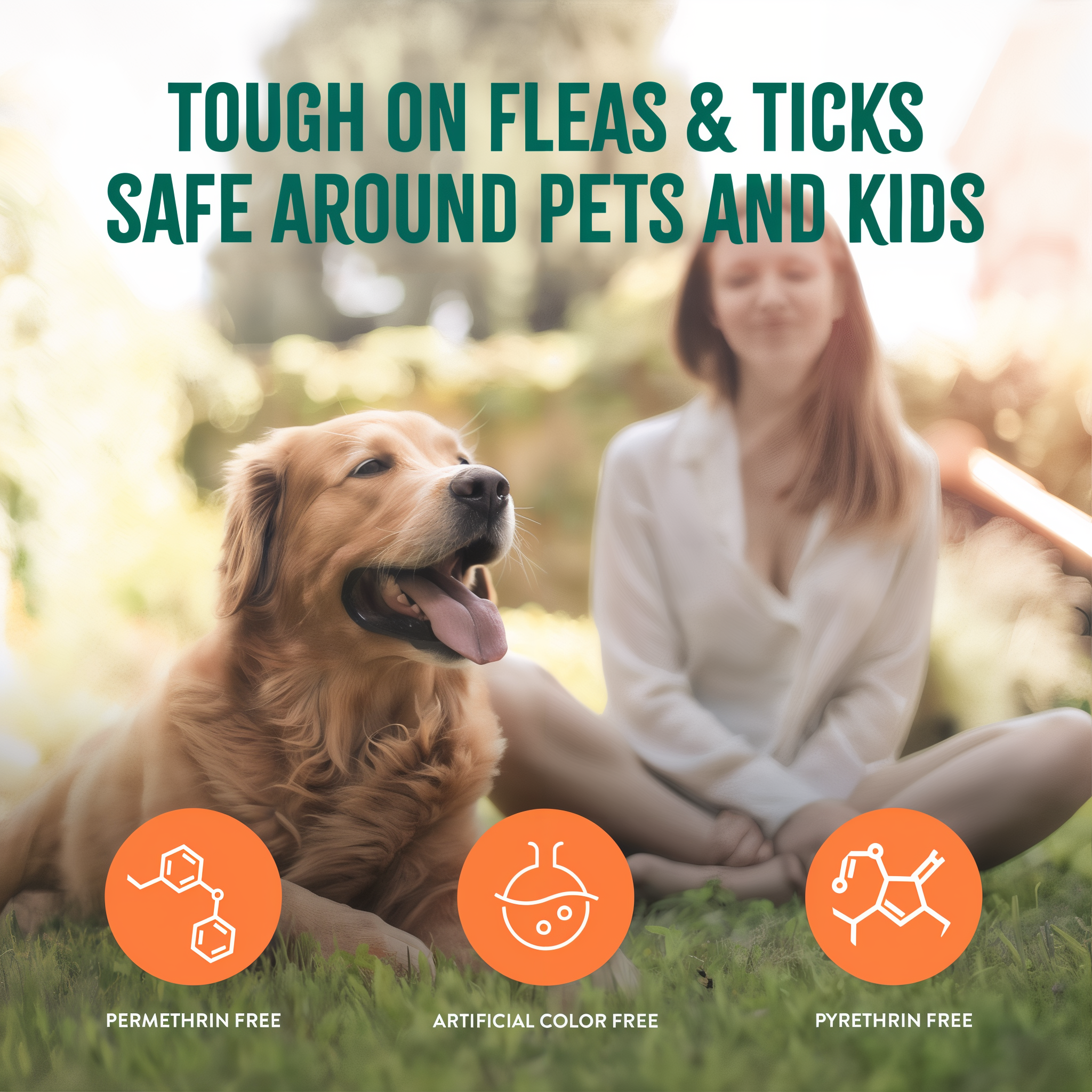 TropiClean Natural Flea + Tick Yard Spray. Woman sitting with a dog in a park, with text about product safety for pets and kids.