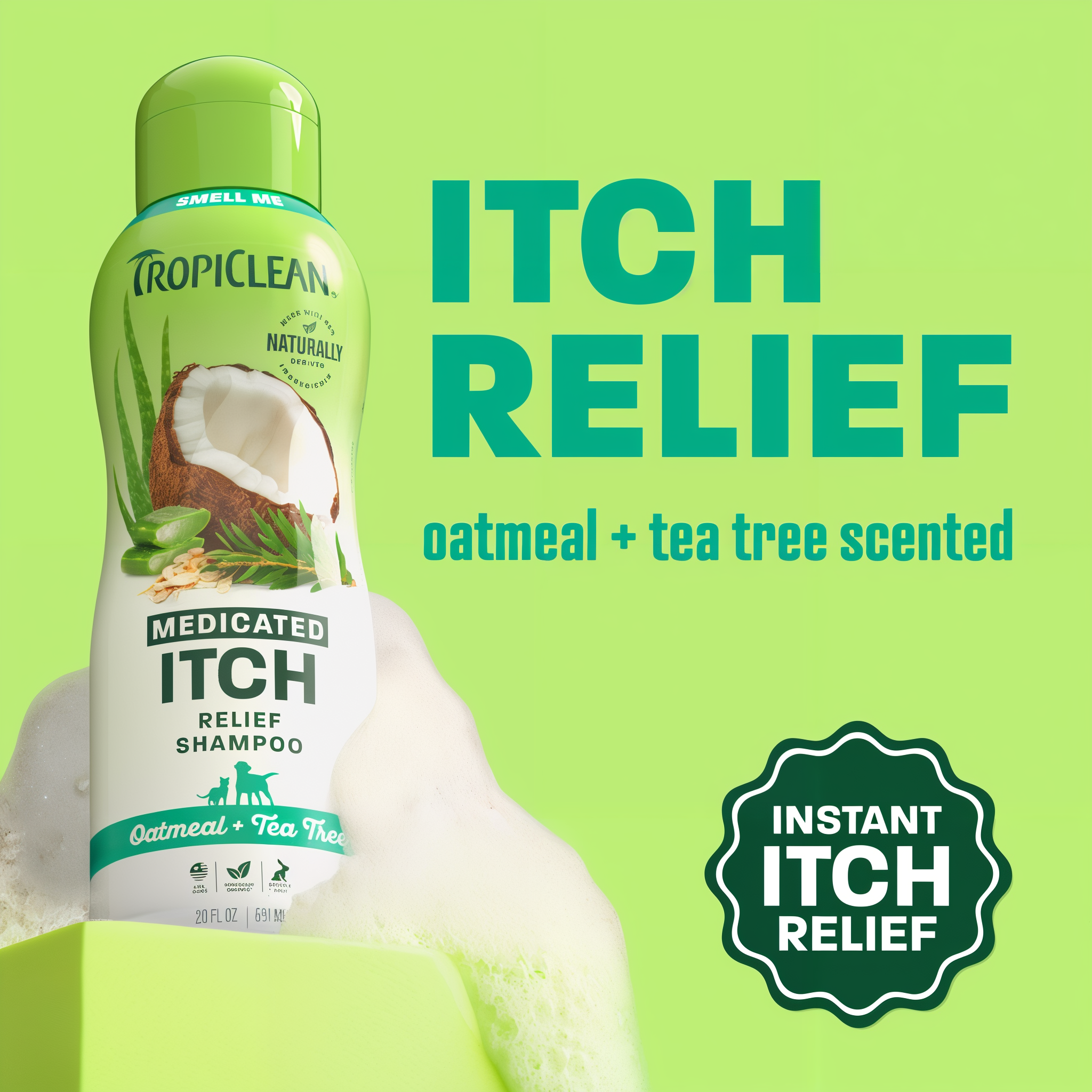 TropiClean Oatmeal + Tea Tree Medicated Itch Pet Shampoo on light green background