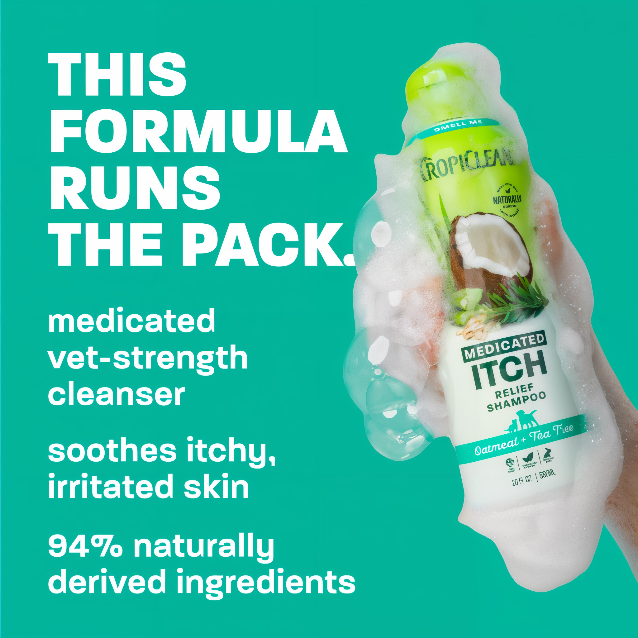 TropiClean Medicated Itch Relief Shampoo bottle with text on a teal background