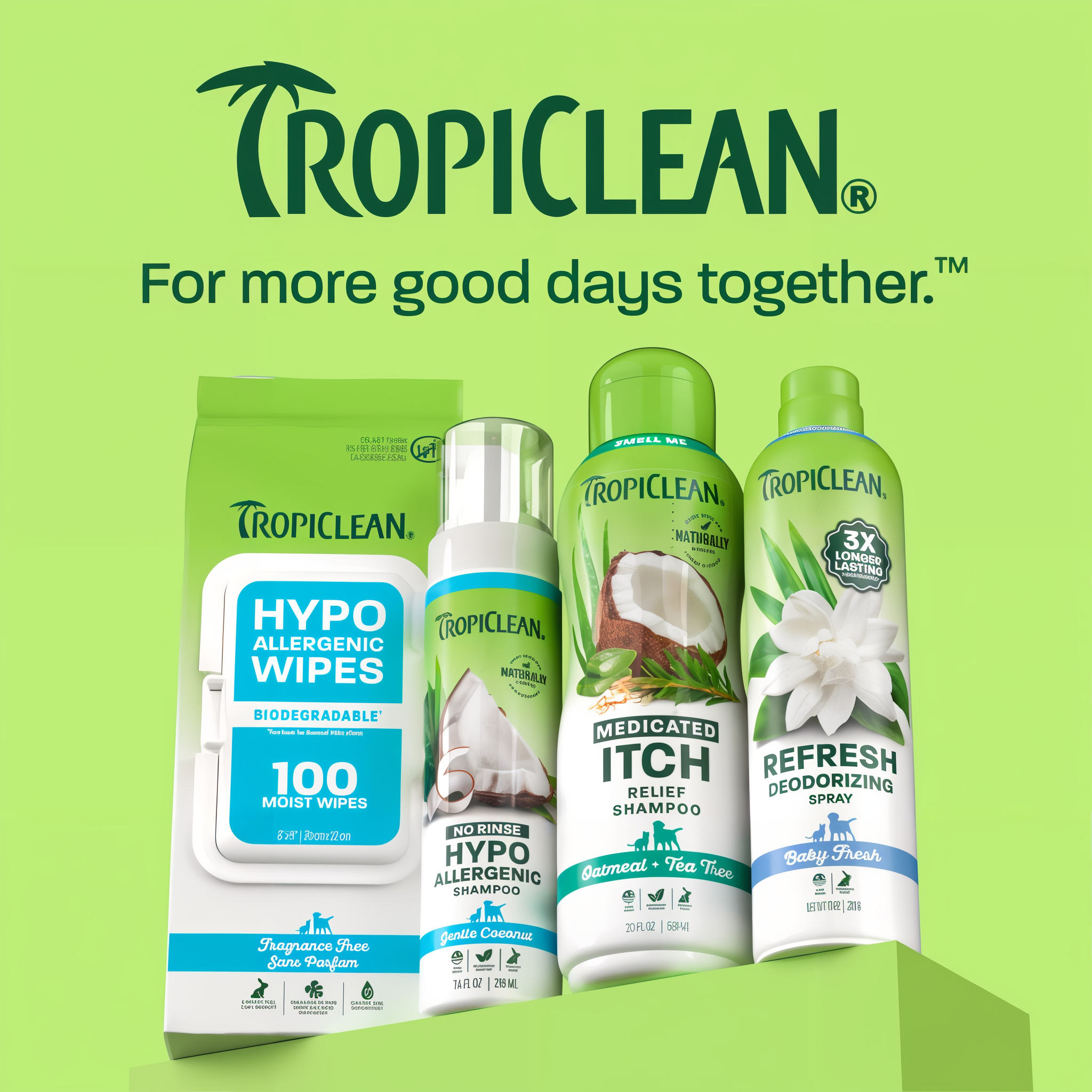 TropiClean itch line up on light green background.