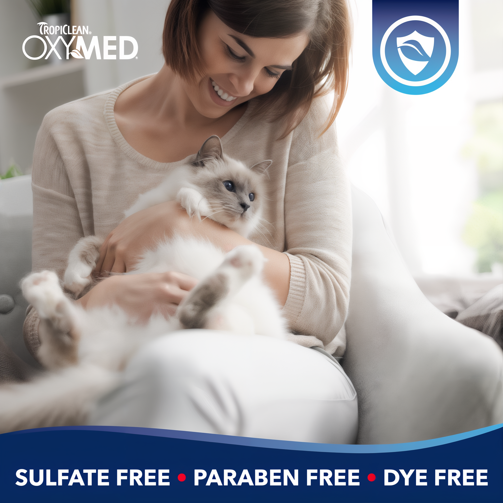 Woman holding a cat with Tropiclean OxyMed branding and product benefits text.