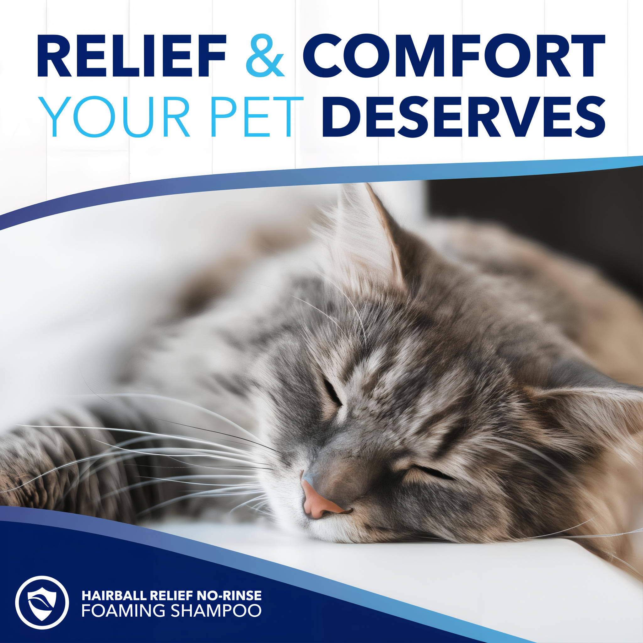 TropiClean OxyMed Waterless Dry Shampoo for Cats. Cat sleeping with text 'Relief & Comfort Your Pet Deserves'