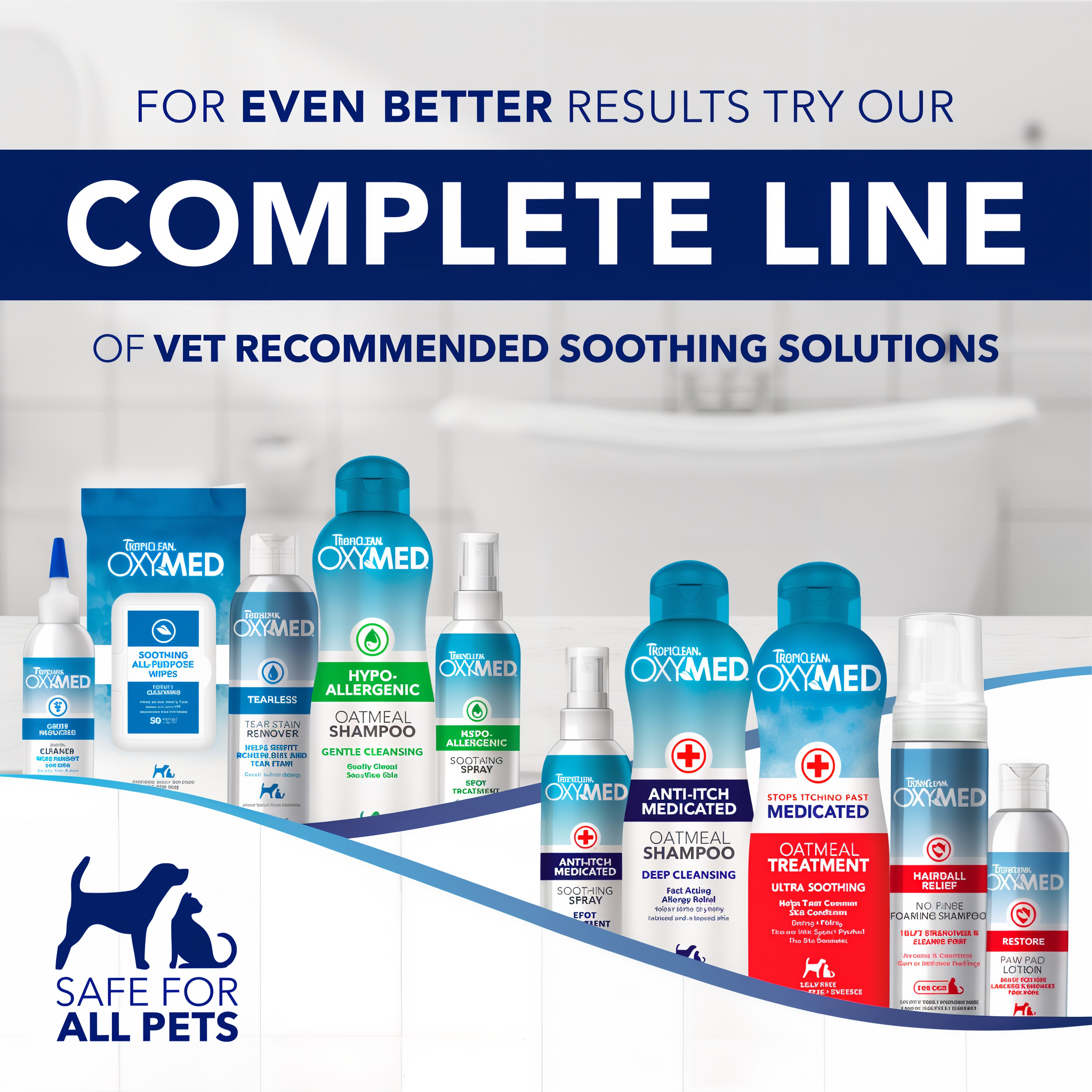 OxyMed pet care products with text promoting a complete line of vet-recommended soothing solutions.