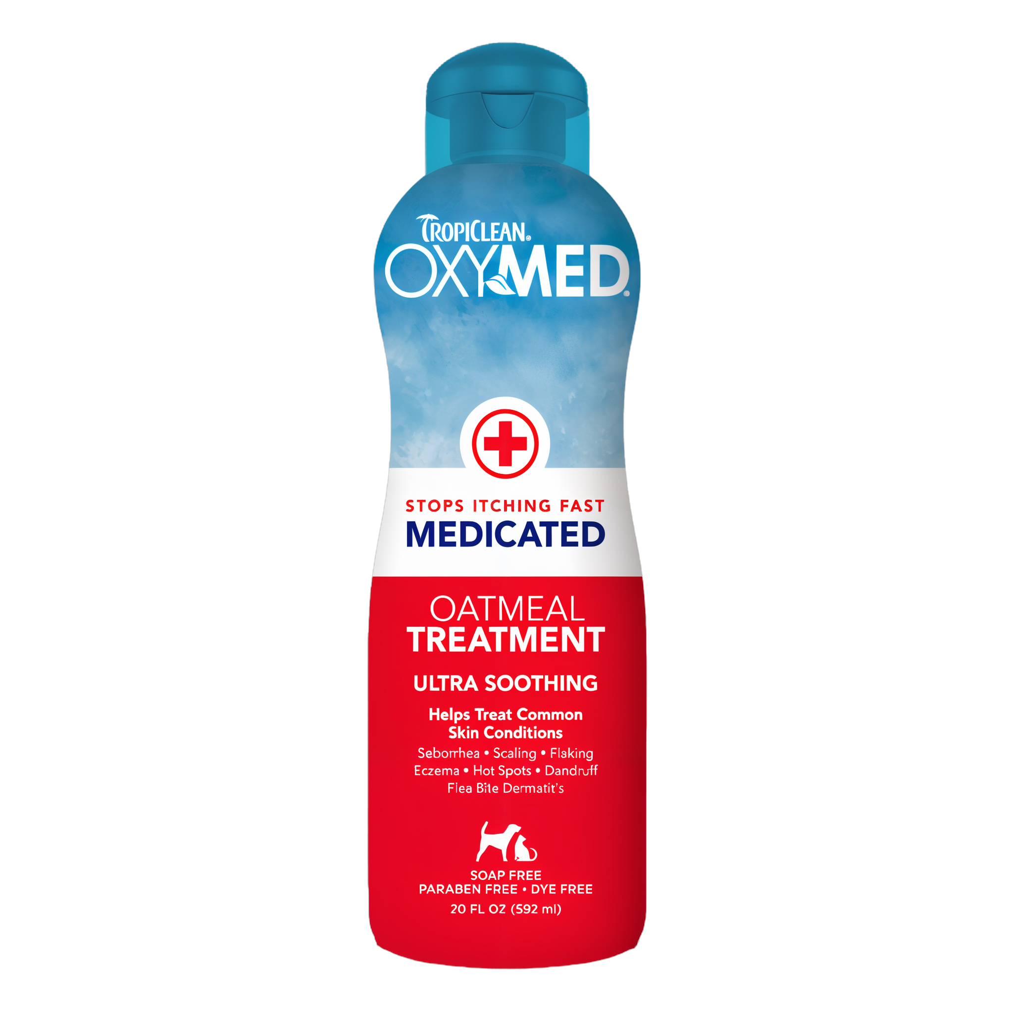 TropiClean OxyMed Medicated Anti Itch Treatment Rinse for Pets, front of 20oz bottle.