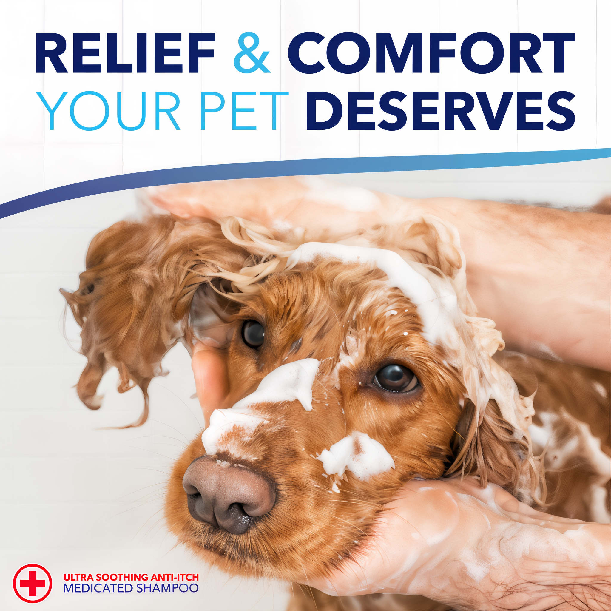 Dog being bathed withTropiClean OxyMed Medicated Anti Itch Treatment Rinse for Pets and text overlay about relief and comfort for pets.