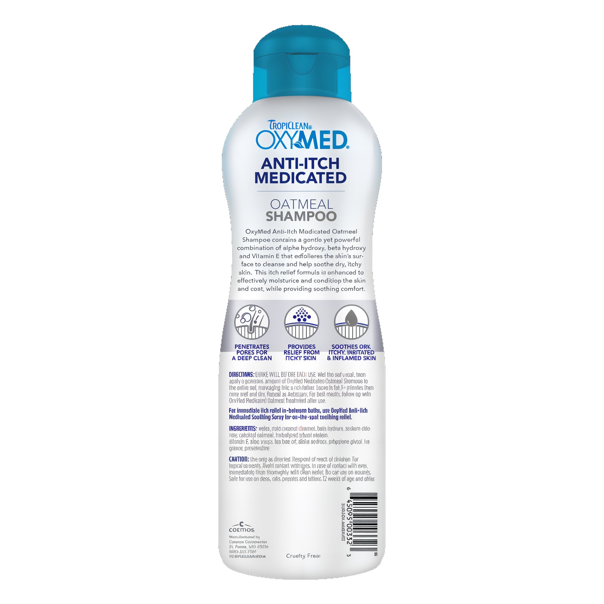 TropiClean OxyMed Medicated Anti Itch Shampoo for Pets, back of 20oz bottle.
