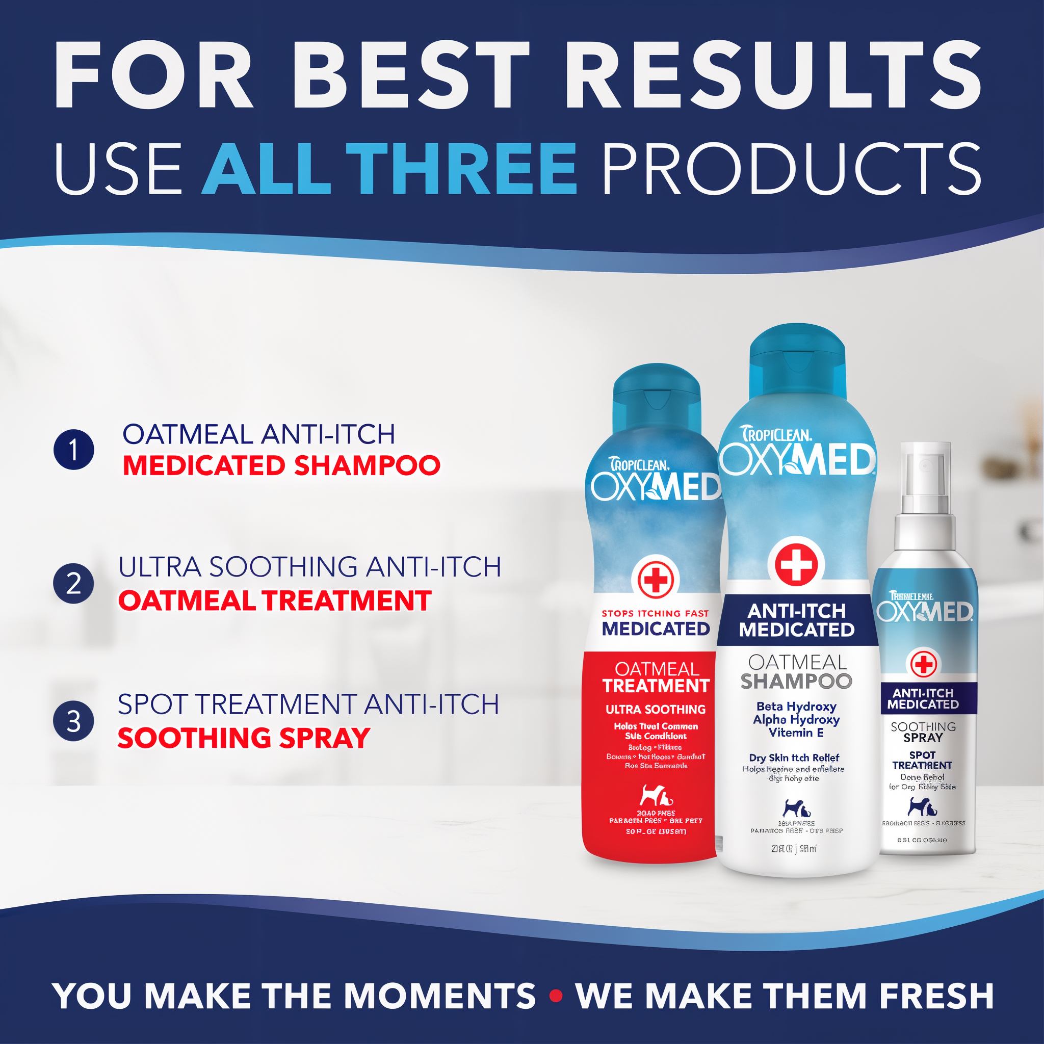 OxyMed shampoo and treatment products with text on a white background.