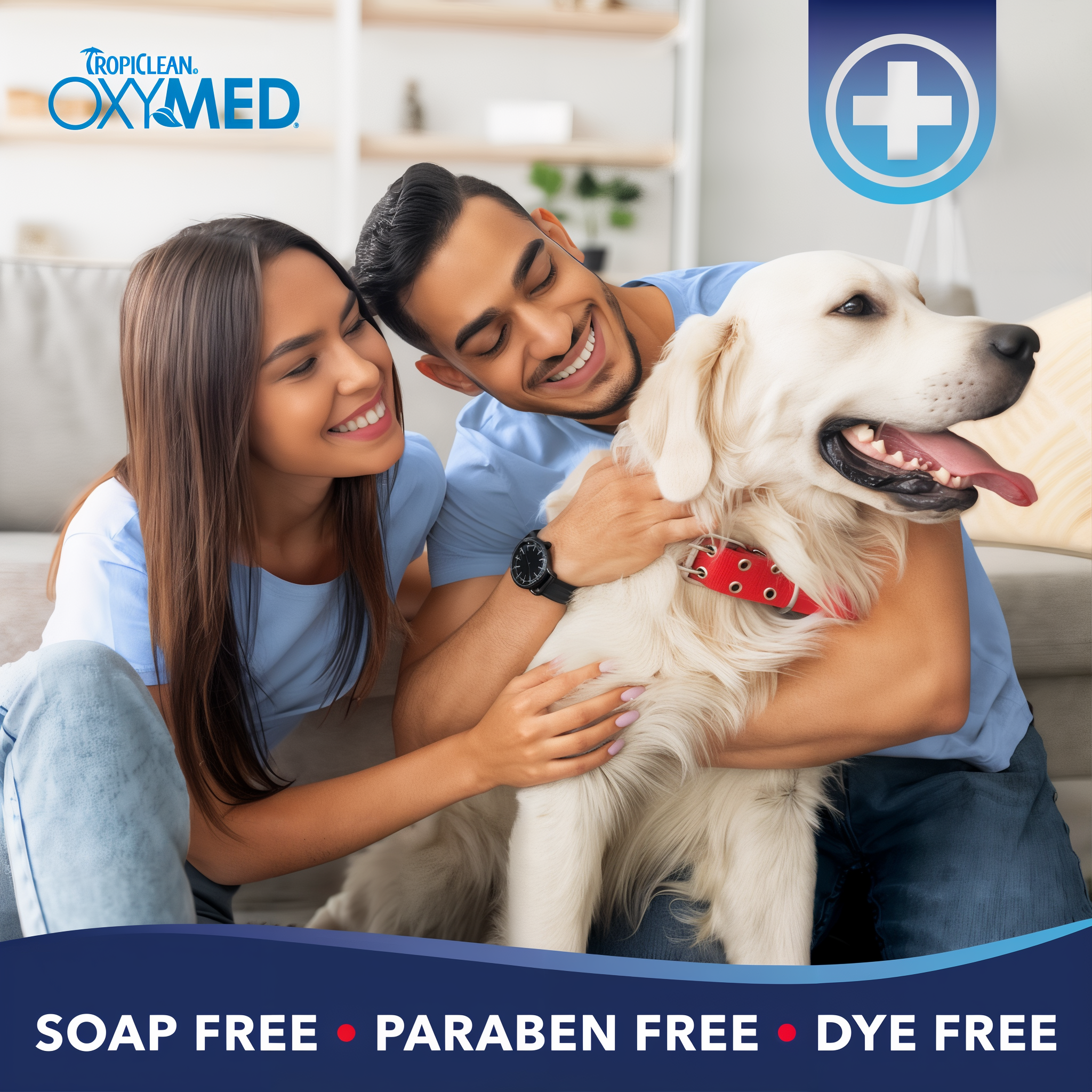 Couple with a dog in a living room, Tropiclean OxyMed brand visible.