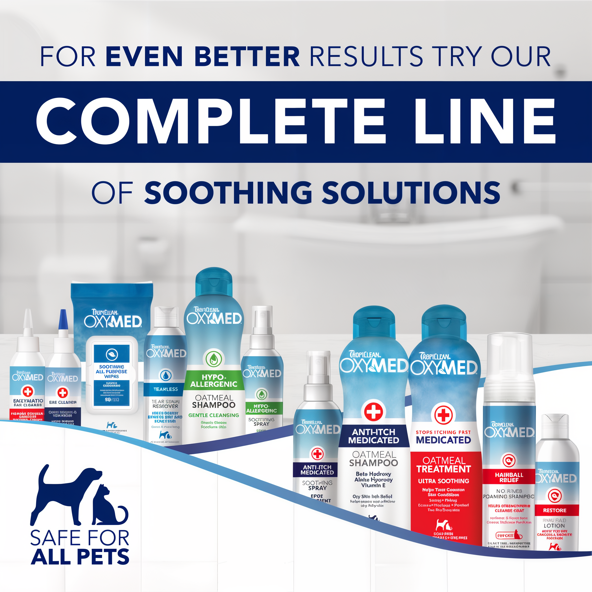 Oxymed pet care products with text promoting a complete line of soothing solutions.