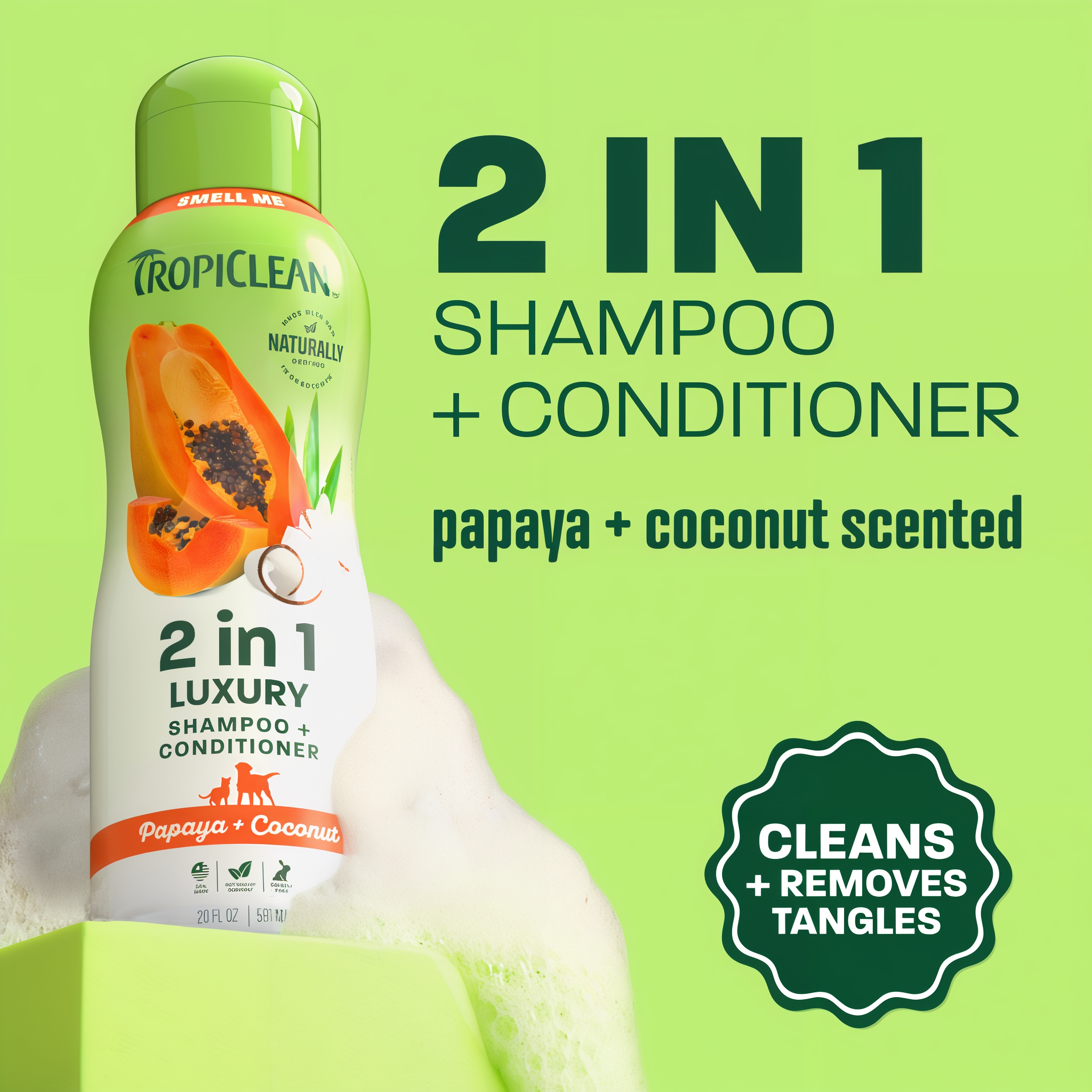 TropiClean Papaya 2-in-1 shampoo + conditioner cleans + removes tangles