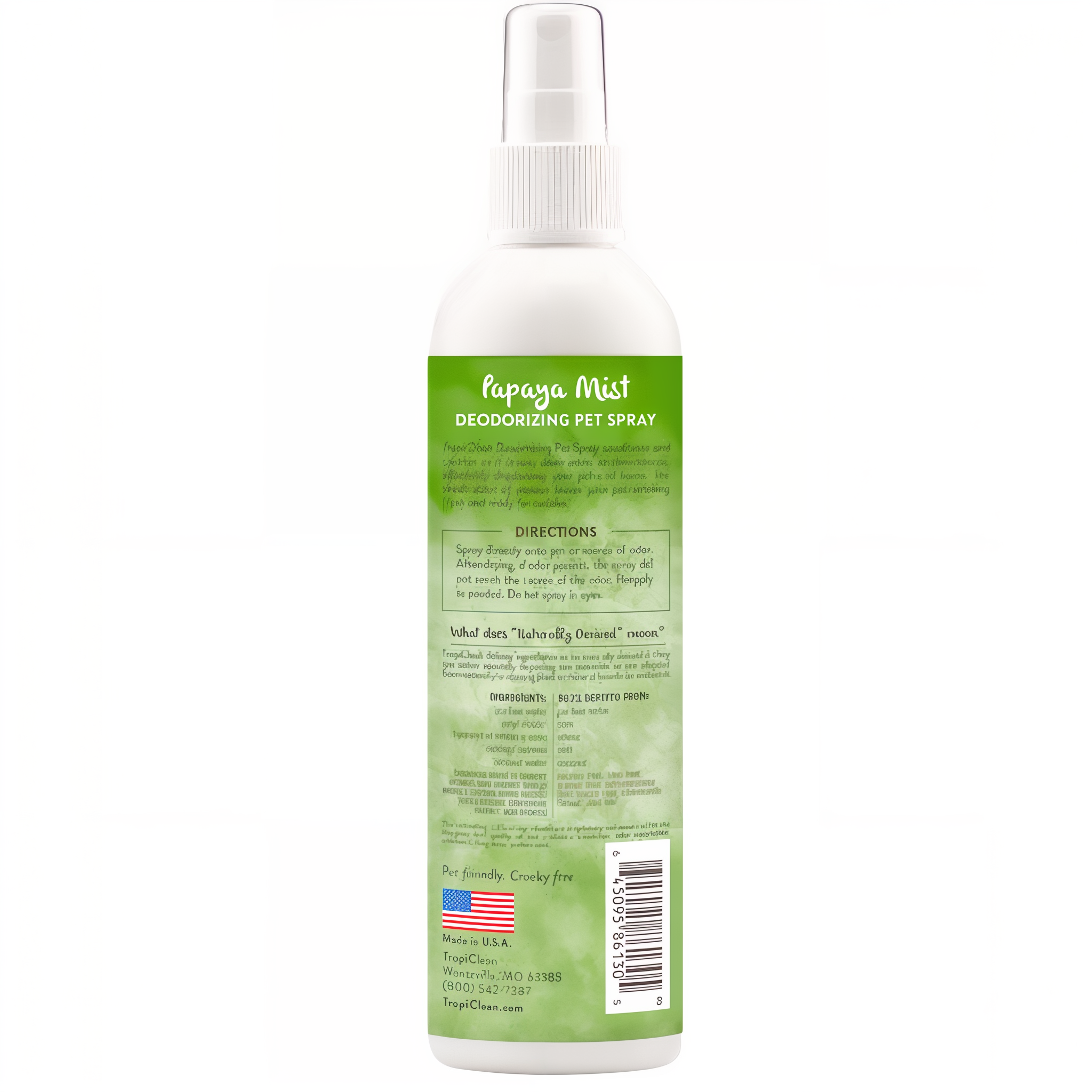 TropiClean Papaya Mist Deodorizing Pet Spray for Dogs & Cats, back of spray bottle