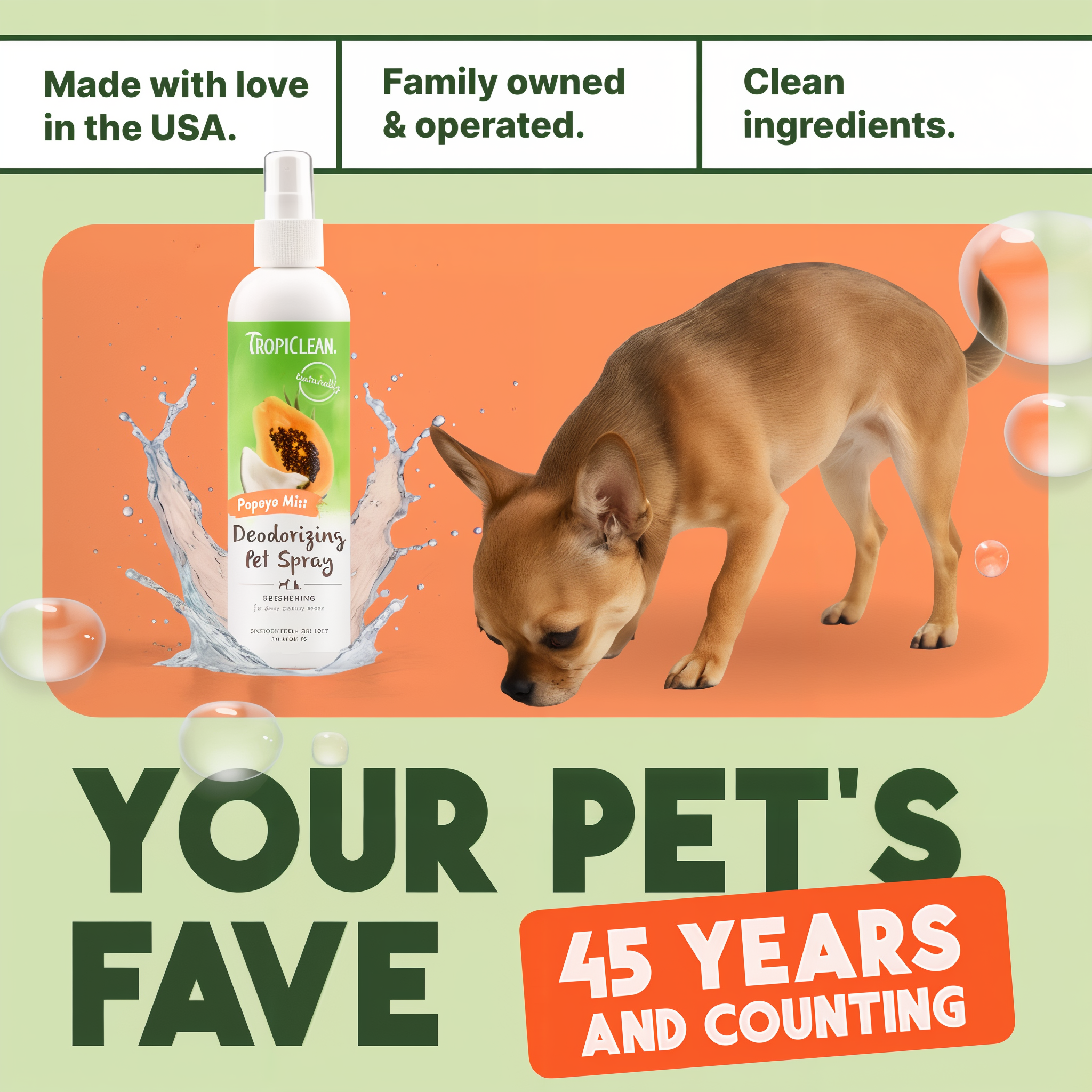 TropiClean Papaya Mist Deodorizing Pet Spray for Dogs & Cats. Spray bottle with a dog sniffing it, with text about the brand's history and values.