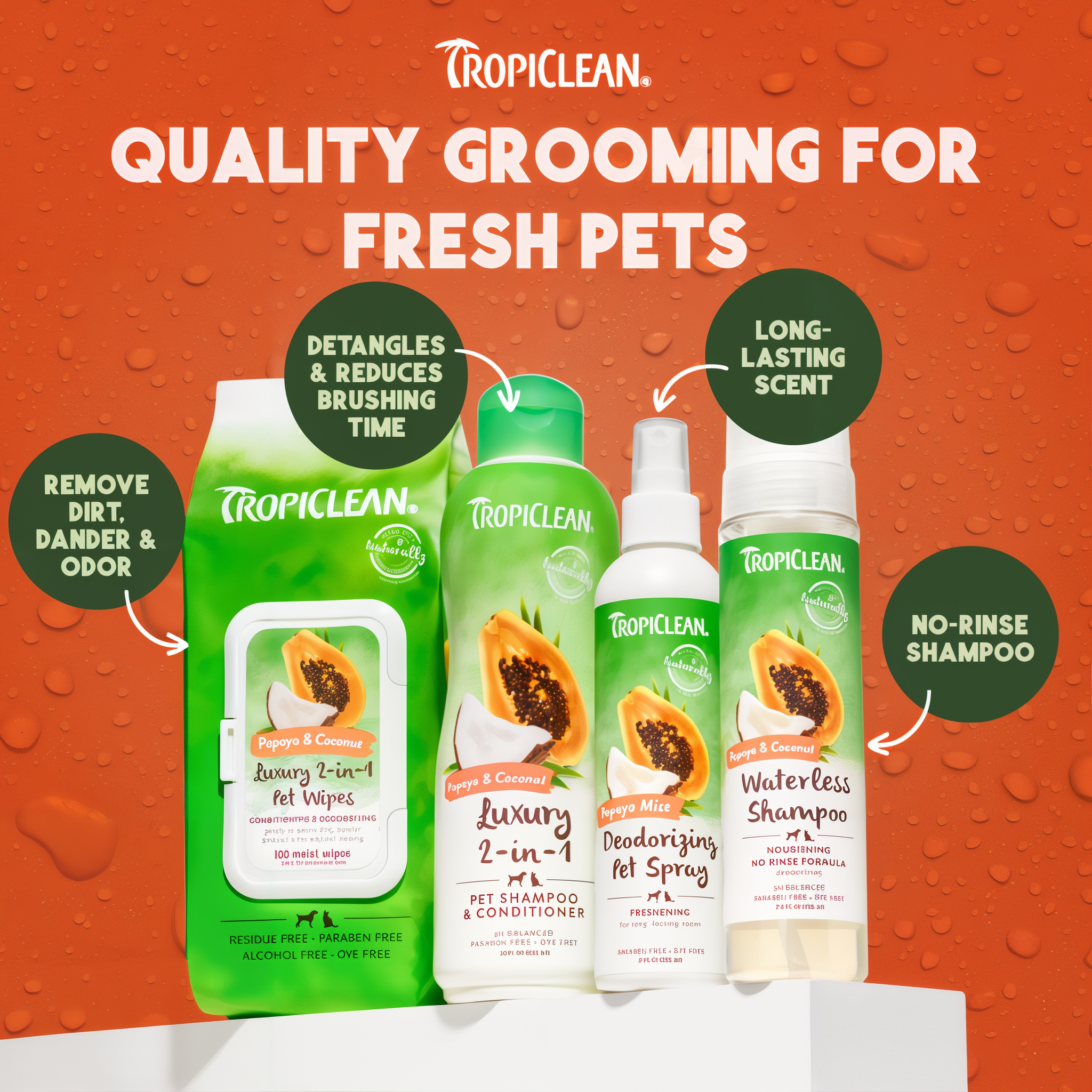 TropiClean Papaya Mist Deodorizing Pet Spray for Dogs & Cats. Tropiclean pet care products on an orange background with product features highlighted.