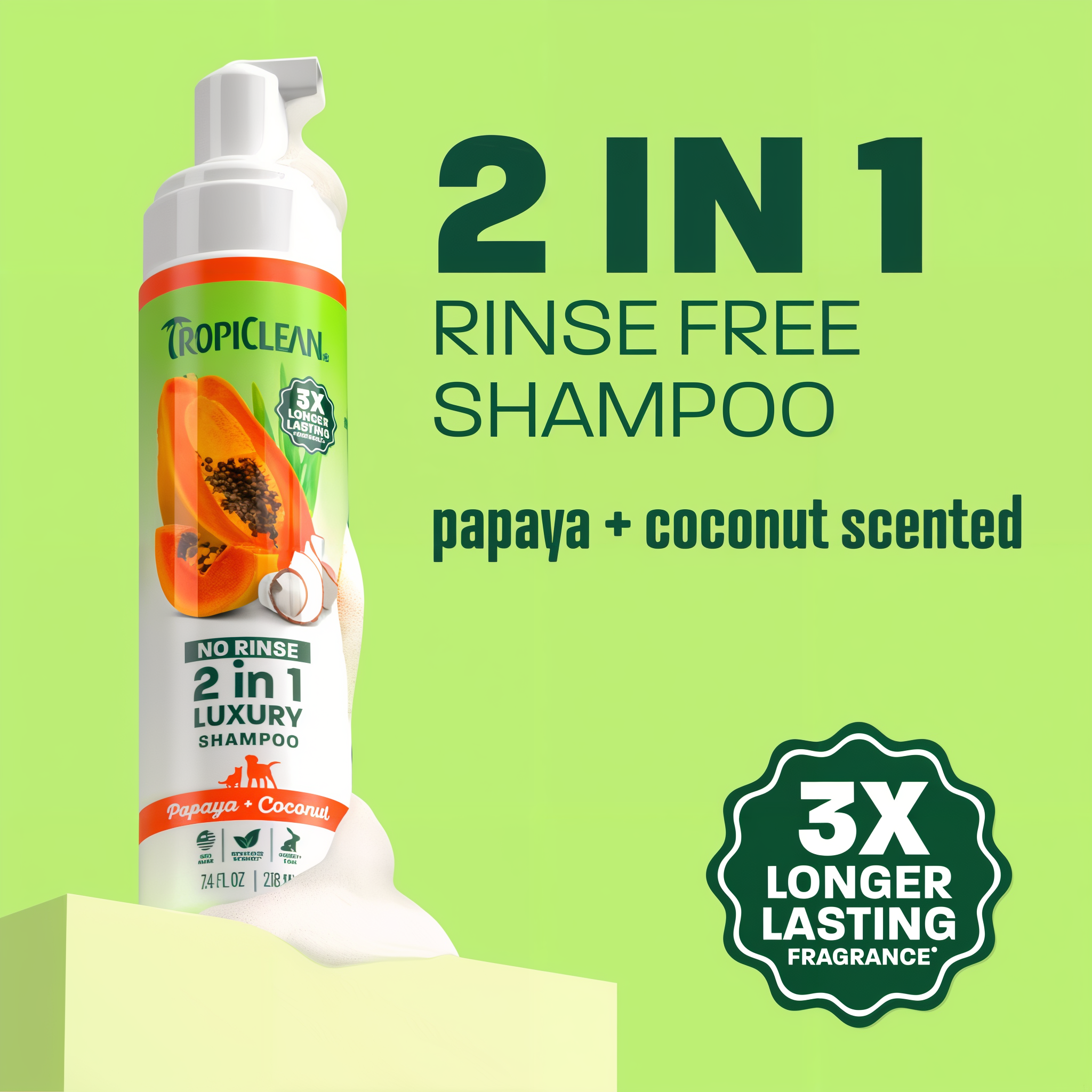 White spray bottle of TropiClean pet shampoo with papaya and coconut label on lime green background.