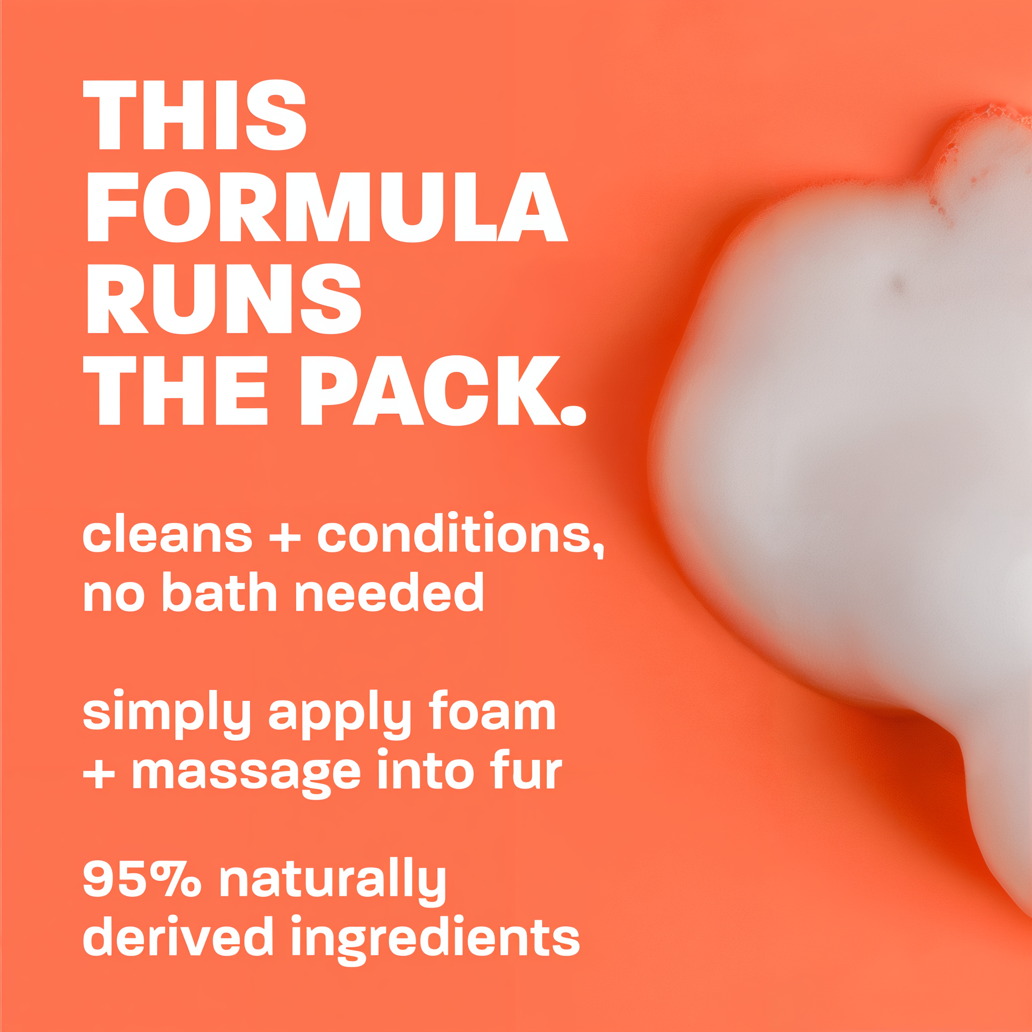 White foam product displayed on coral orange background with text describing no-rinse pet shampoo benefits.