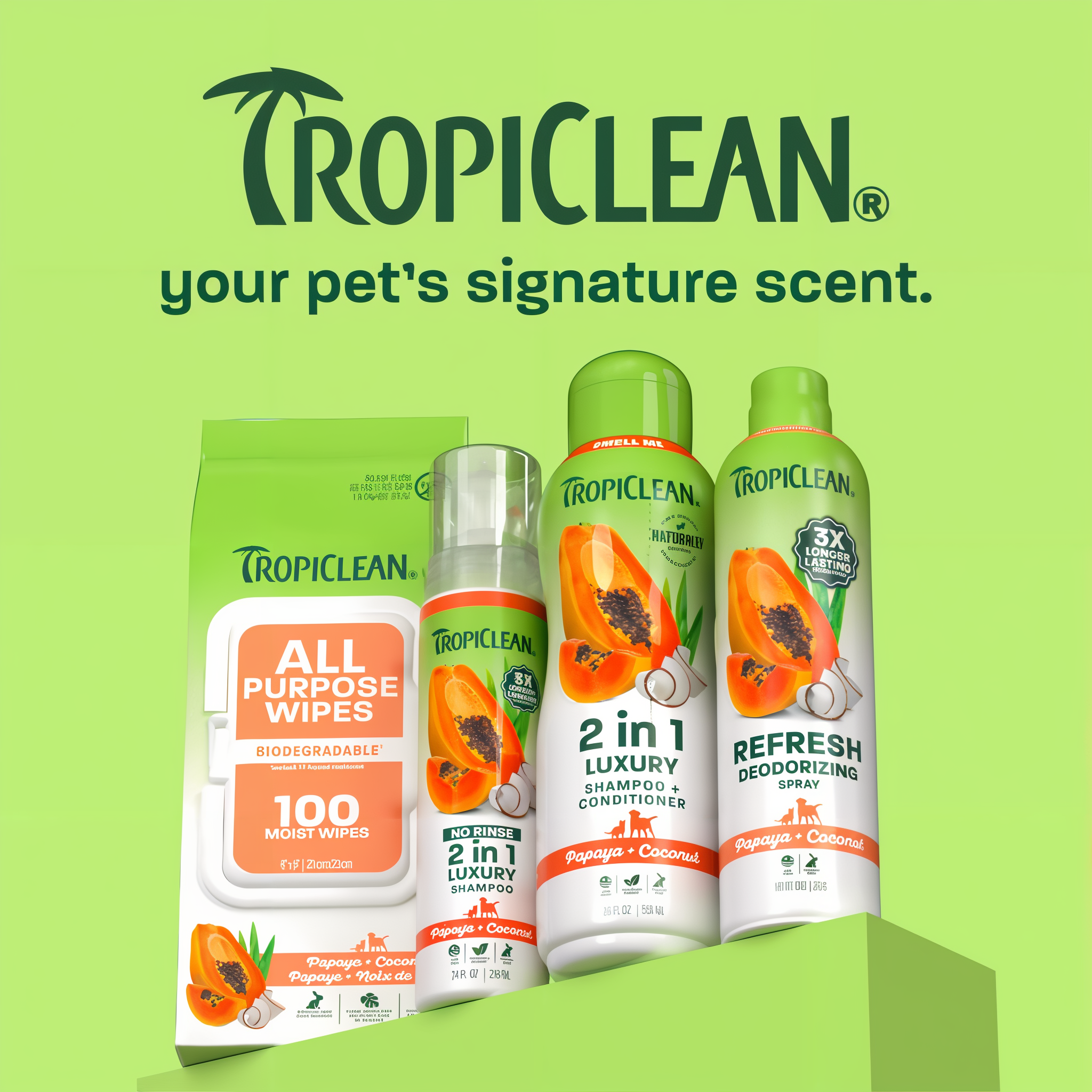 TropiClean Papaya lineup on a green background