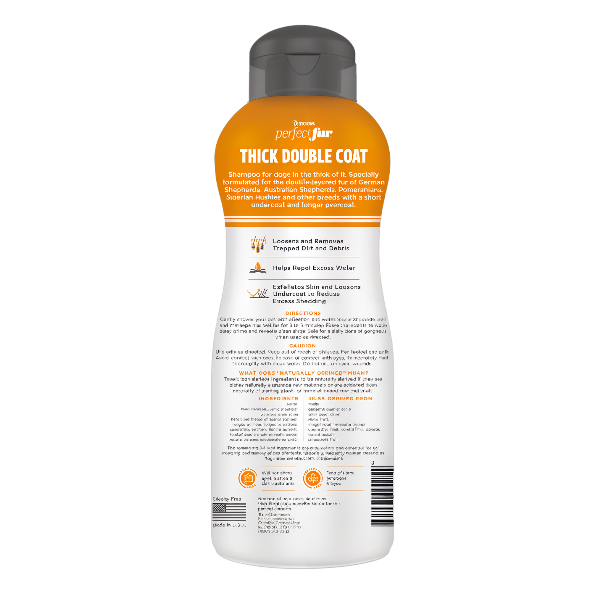 TropiClean Perfect Fur Thick Double Coat Shampoo for Dogs, back of 16oz bottle.