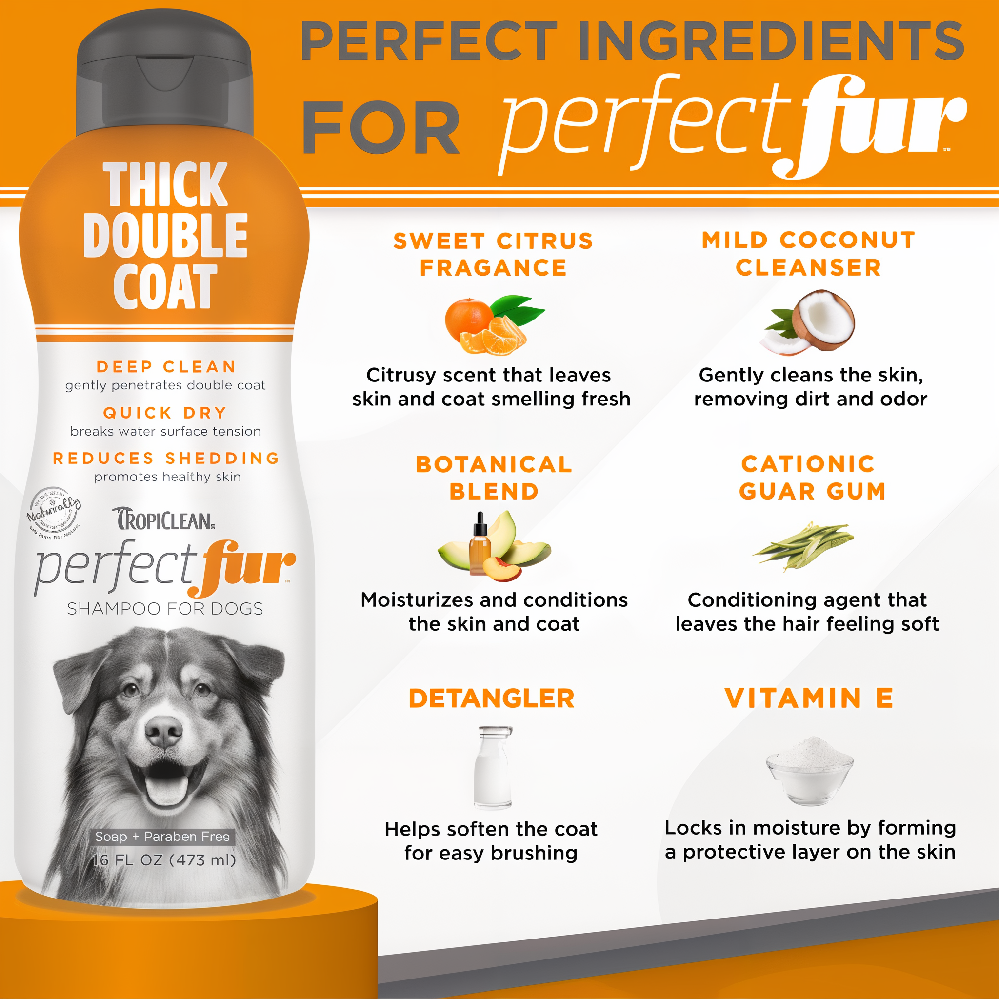 TropiClean Perfect Fur Thick Double Coat Shampoo for Dogs. Shampoo bottle with ingredients listed on an orange and white background.