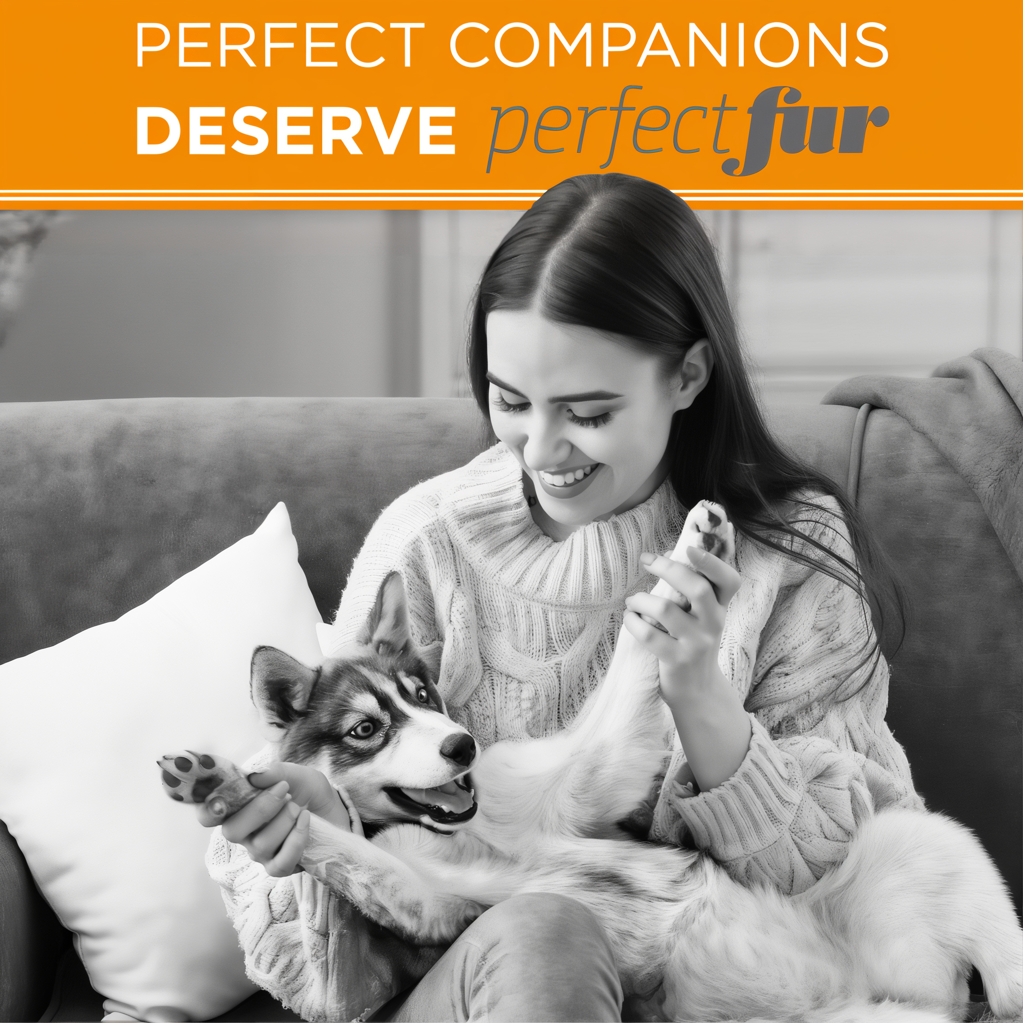 TropiClean Perfect Fur Thick Double Coat Shampoo for Dogs. Woman sitting on a couch with a dog, with 'Perfect Fur' branding above.