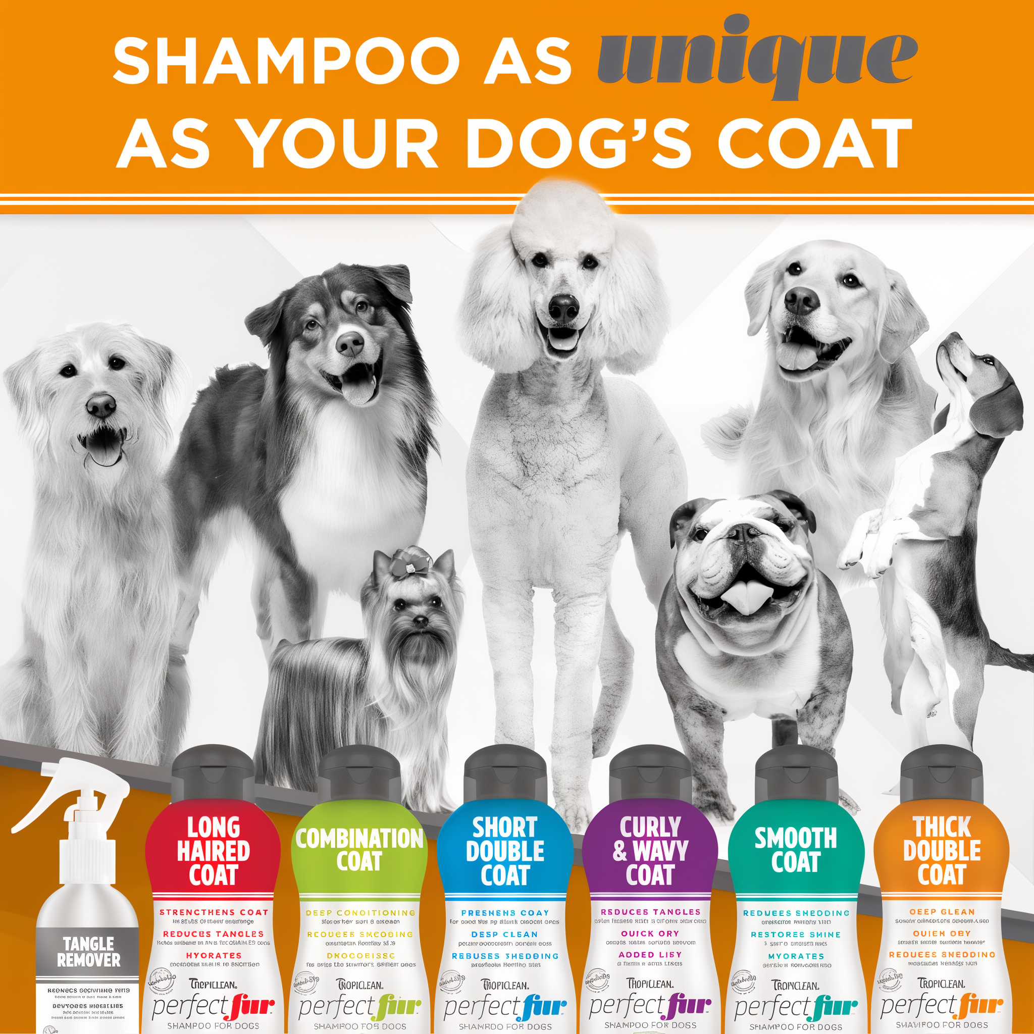 TropiClean Perfect Fur Thick Double Coat Shampoo for Dogs. Advertisement for Perfect Fur dog shampoo complete line and product bottles.