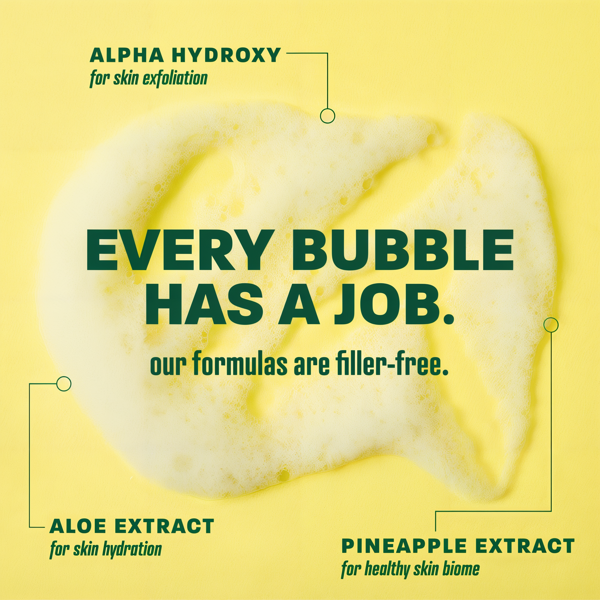 Every bubble has a job panel with alpha hydroxy, aloe extract and pineapple extract