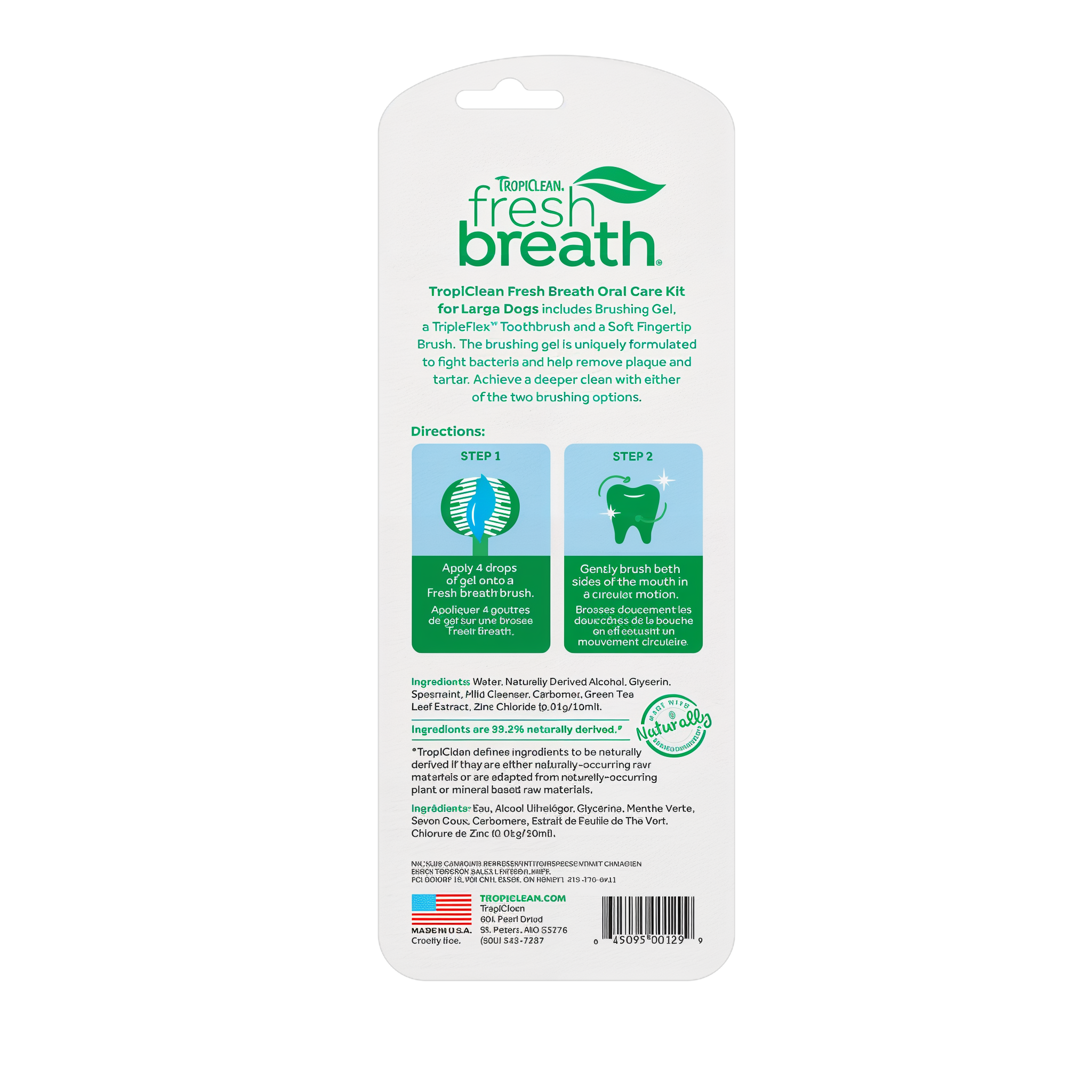 TropiClean Fresh Breath Plaque and Tartar Control Kit for Large Dogs package back with directions and ingredients