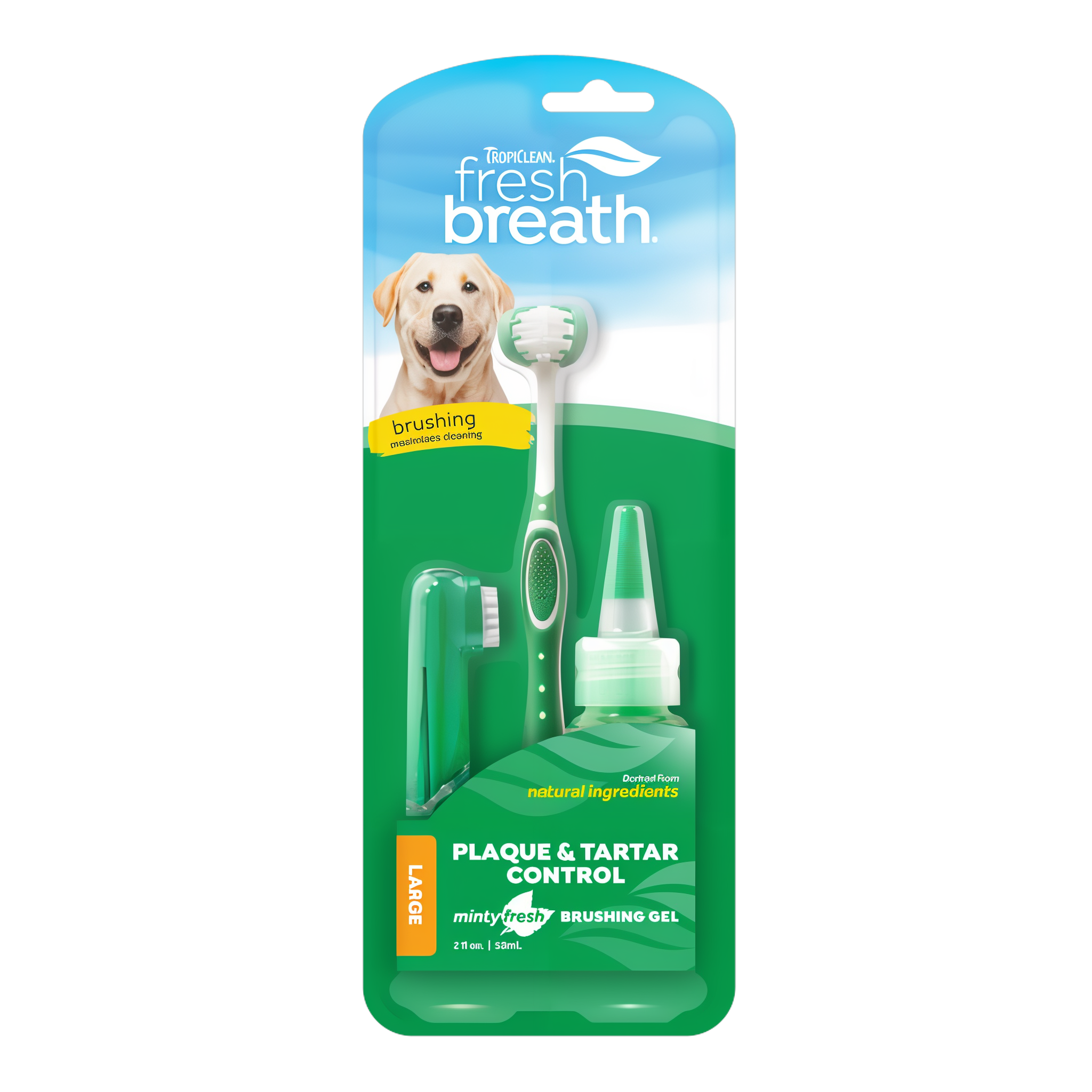 TropiClean Fresh Breath Plaque and Tartar Control Kit for Large Dogs package front with TripleFlex toothbrush, finger brush, and brushing gel